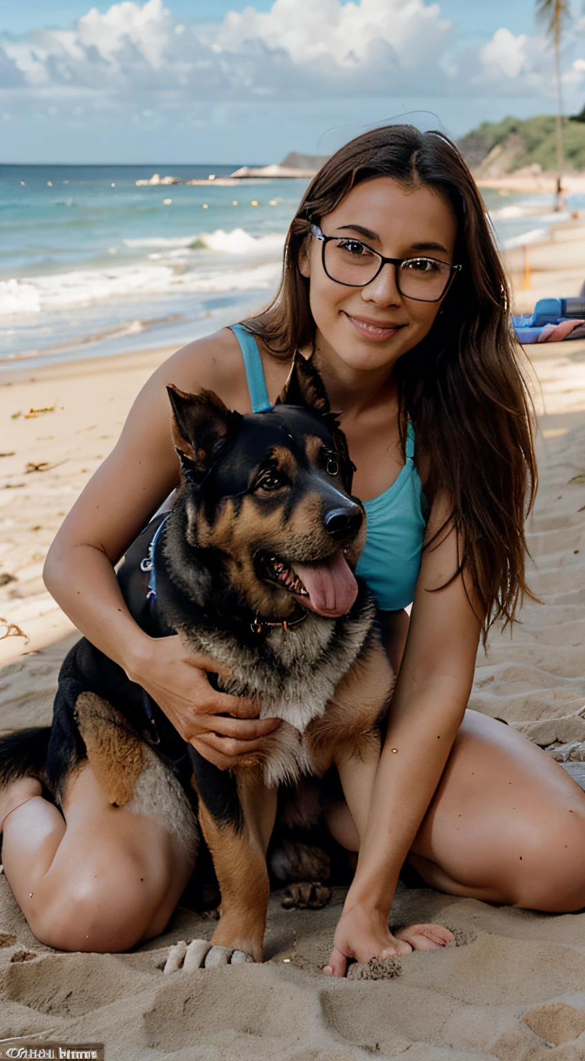 Homeme um pouco acima do peso, wearing a thin goatee and glasses, Playing on the beach with your German Shepherd dog