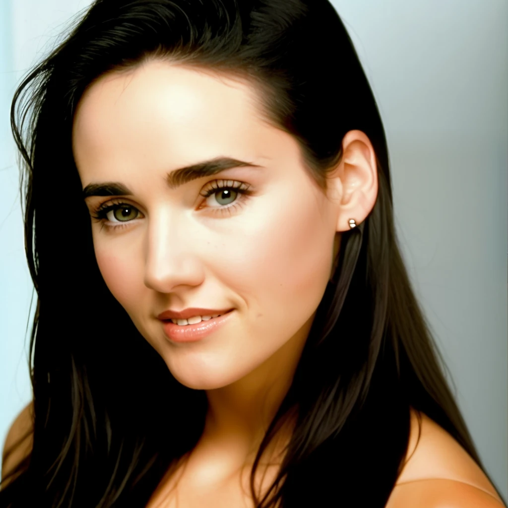 20 year old Jennifer Connelly with her long brown hair with a right side part sticking up. She is naked.
