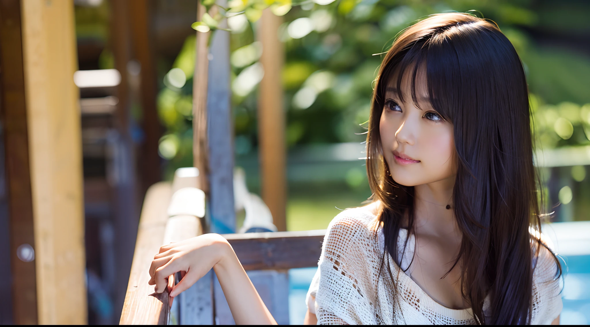 (8k、RAW Photography、top-quality、​masterpiece:1.2)、(realisitic、Photorealsitic:1.37)、ultra-detailliert、超A high resolution、女の子1人、see the beholder、beautifull detailed face、a smile、Constriction、(slim waist) :1.3)、The shirt、Beautiful detailed skin、Skin texture、floated hair、profetional lighting、a park