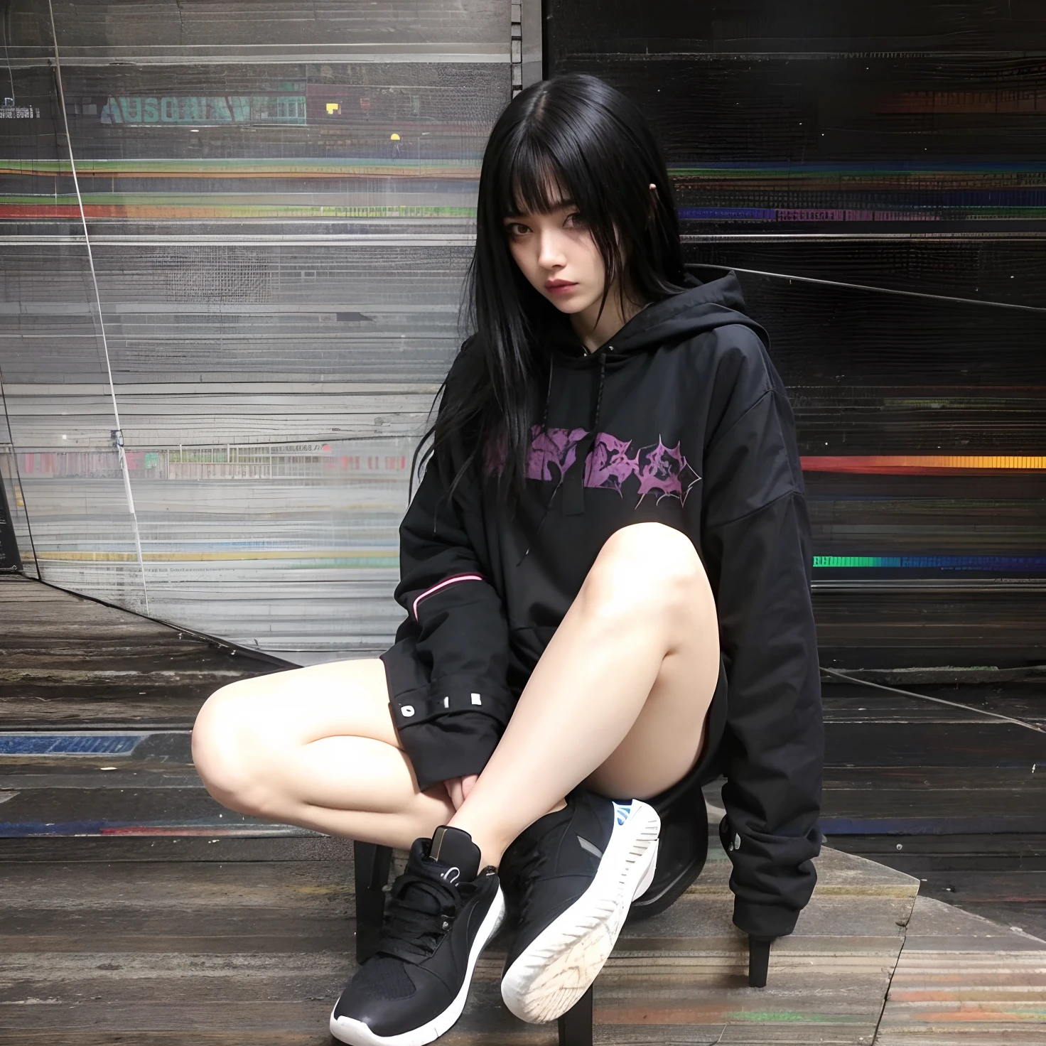 Mulher sentada em um banco com as pernas cruzadas, japanese streetwear, usando streetwear cyberpunk, roupas witchcore, she is wearing streetwear, darkwave goth aesthetic, streetwear casual, Cyberpunk Streetwear, roupas roxas e pretas, Fashwave, wearing japanese techwear, mulher no streetwear, the anime girl is crouching, ominous gothic aesthetic, capuz preto, menina vestindo capuz