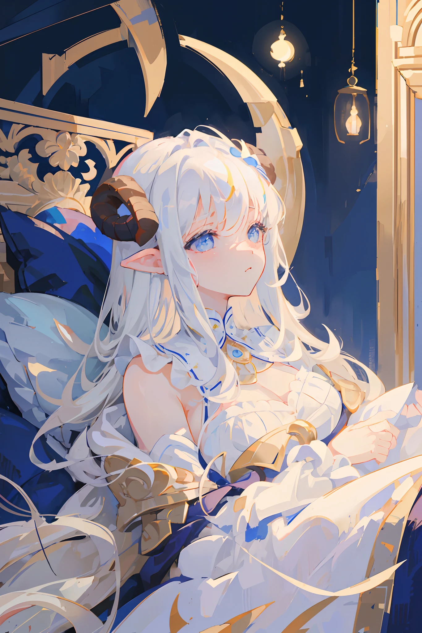 (masterpiece, high quality, detailed), 1girl, sheep girl, sleepy face, big poofy white hair, long hair, blue eyes, big ram horns, busty, skimpy white nightgown, in bed, lots of pillows, dreamy, comfy, night time, crescent moon, close up, portrait
