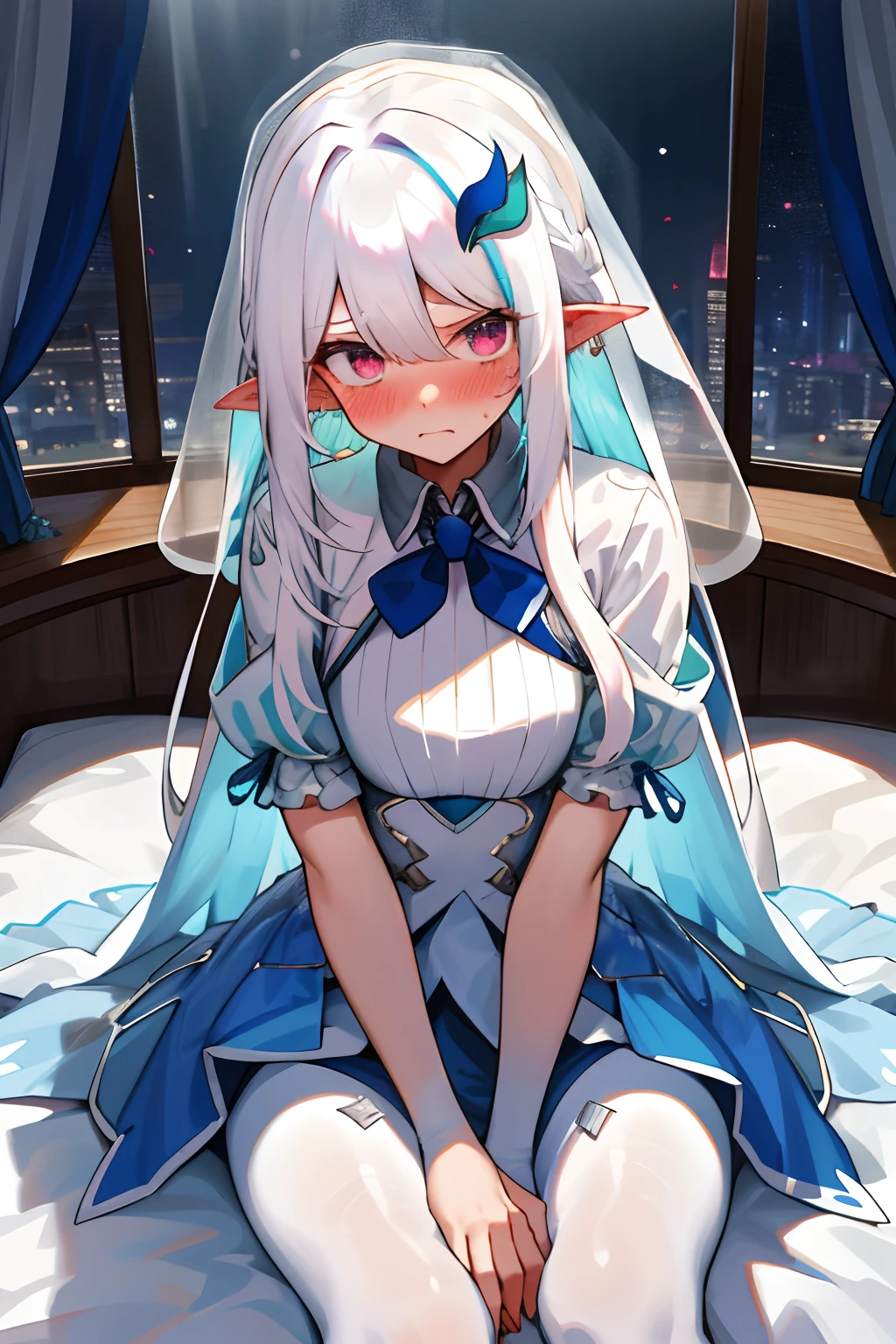 One girl with long hair, white hair, looking at viewer, embarrassed, blushing, tears, indoor , wedding dress, wedding veil, pointy ears, perfect waist, pantyhose, bed, sit on, spread legs, night atmosphere, hair ornament,