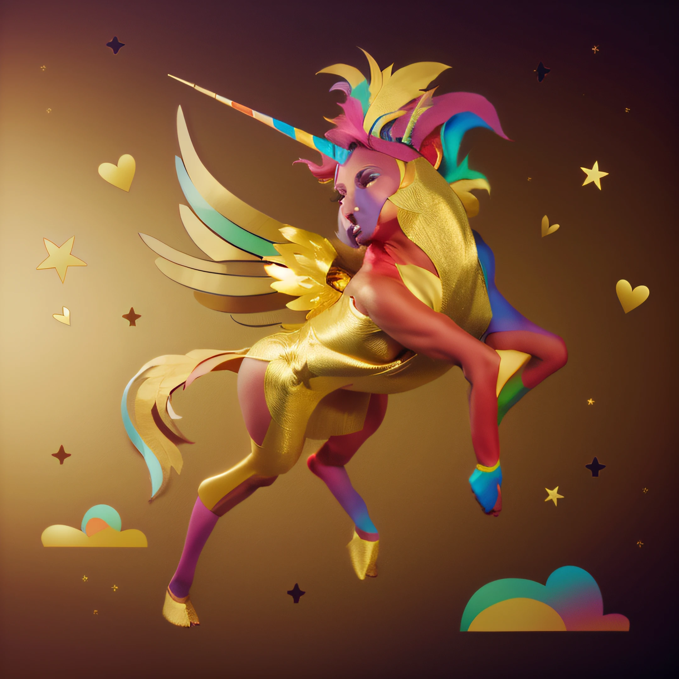 colourful body, gold feathers