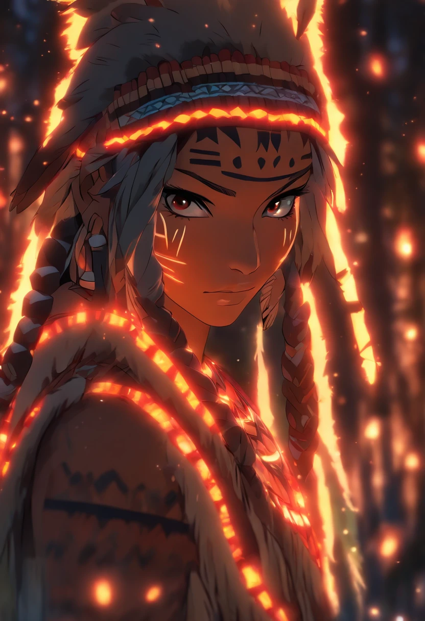 (((Indigenous woman))) best quality, very high resolution, detailed CG in 4K, masterpiece, white hair, night, moon in the background, night tones, amazon brazil, indigenous, indigenous tribes, indigenous city, forest, aesthetics, beautiful image, centered on screen, full body