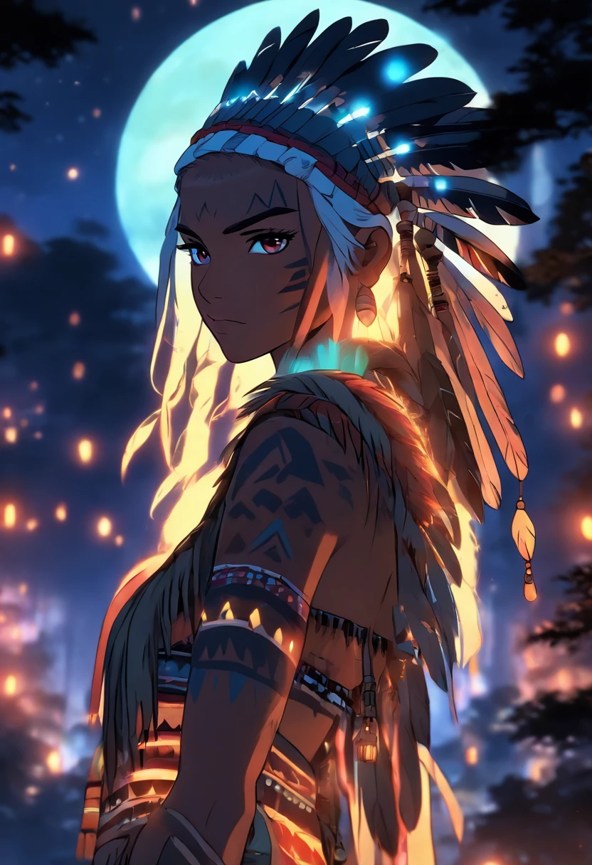 (((Indigenous woman))) best quality, very high resolution, detailed CG in 4K, masterpiece, white hair, night, moon in the background, night tones, amazon brazil, indigenous, indigenous tribes, indigenous city, forest, aesthetics, beautiful image, centered on screen, full body