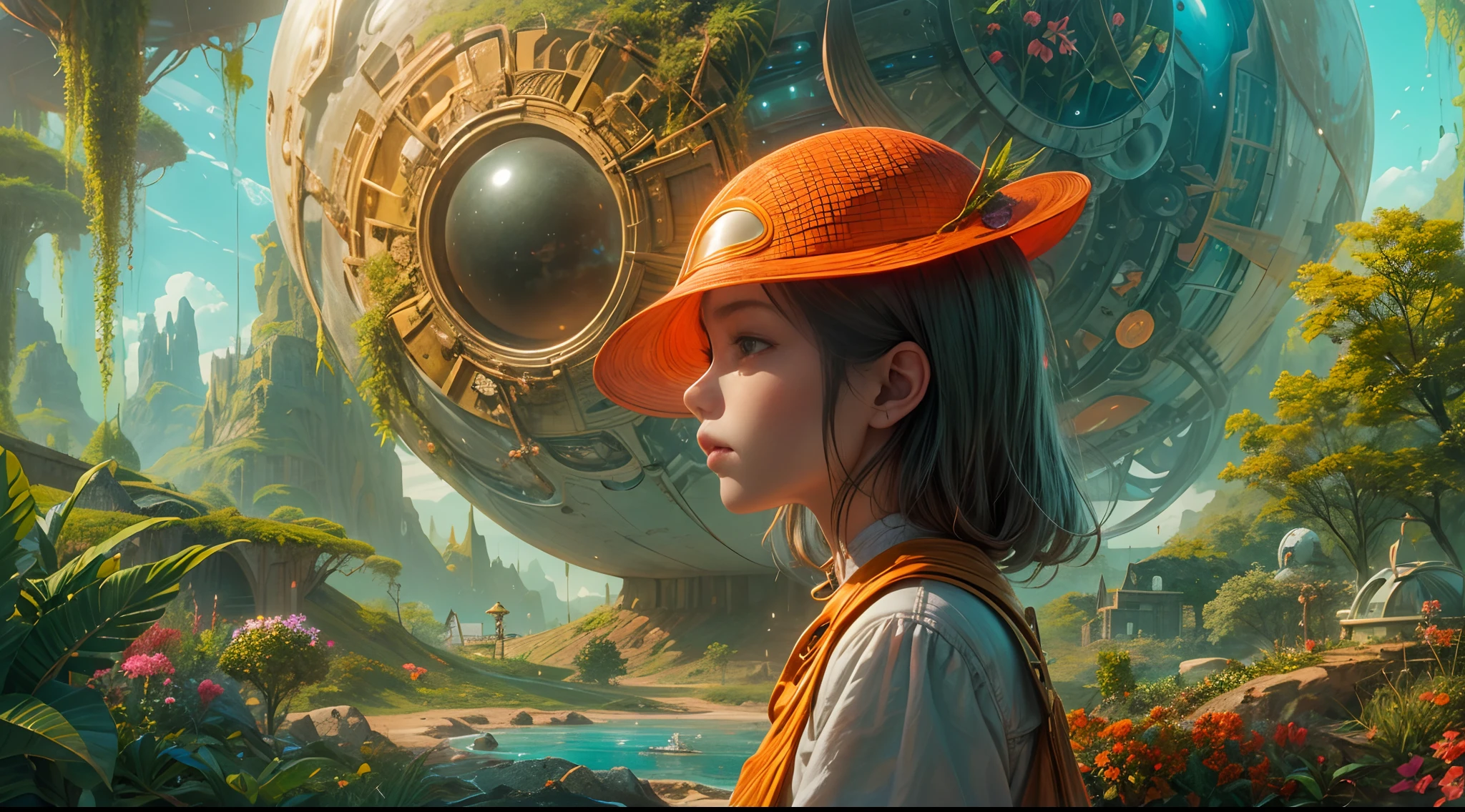 "A young girl with a sense of wonder explores an alien planet with vibrant chrome vegetation. The surreal landscape and flora create a stunning juxtaposition in a space-age paradise.