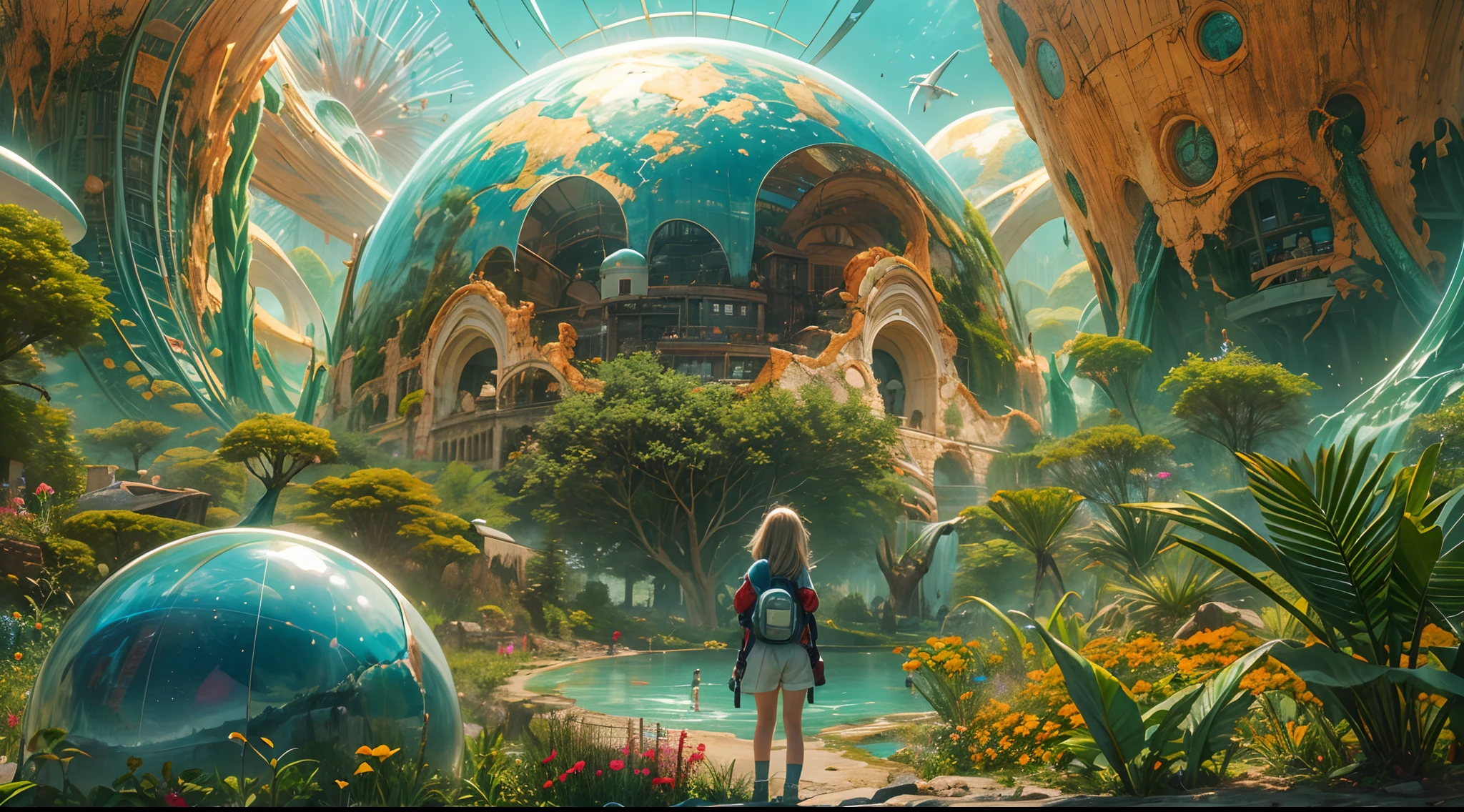 "A young girl with a sense of wonder explores an alien planet with vibrant chrome vegetation. The surreal landscape and flora create a stunning juxtaposition in a space-age paradise.