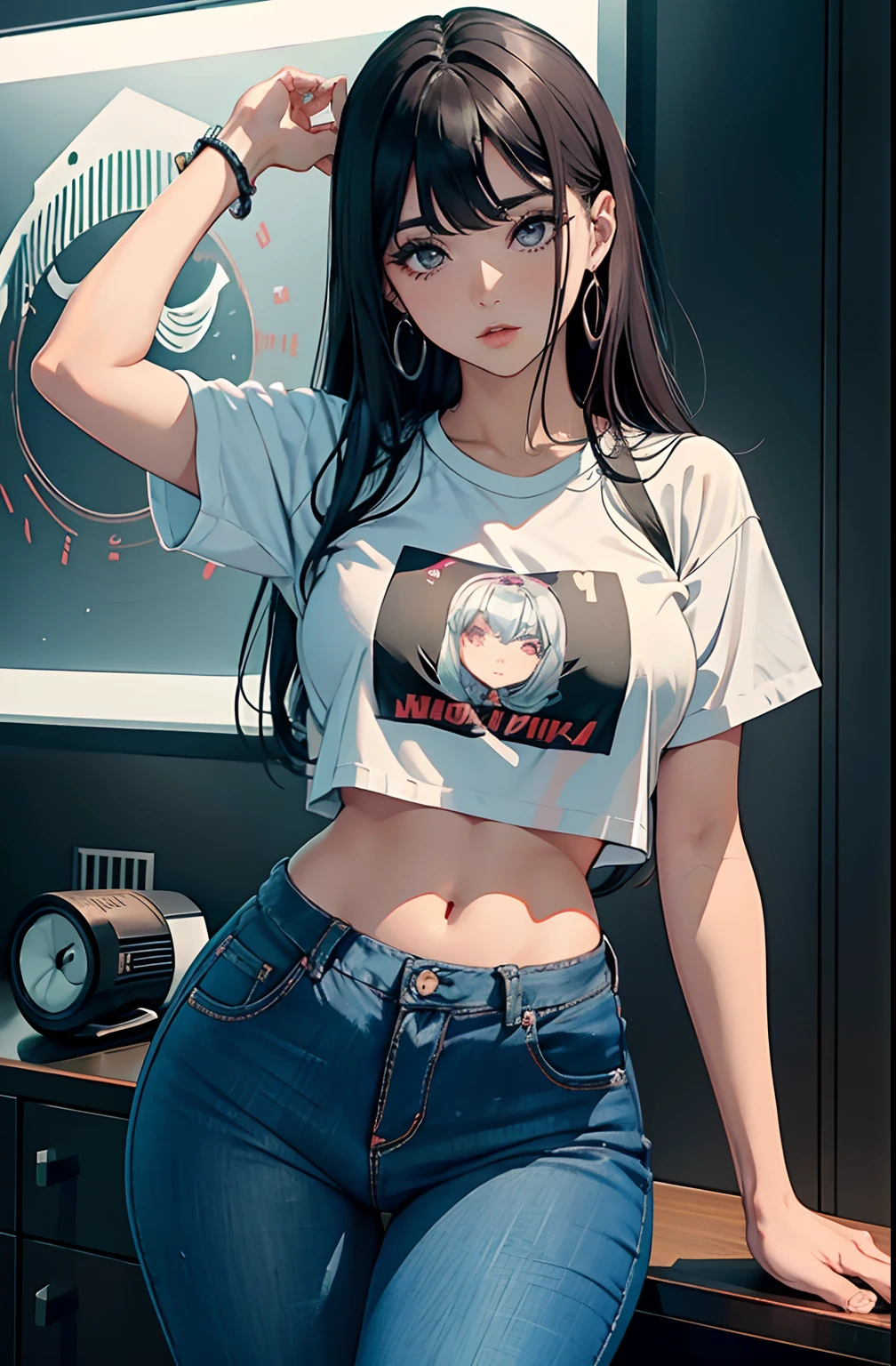 (Hinata Hyuga, muito sensual, com roupas apertadas, bunda grande, pernas grossas, Wearing extremely tight jeans, usando uma mini blusa, umbigo com pirsing, cabelo grande, Speaker behind, muito realista, extremamente sexy, 8k, 8k extremamente detalhado), (um extremamente delicado e bonito), (obra-prima), (melhor qualidade: 1.0), (ultra highres:1.0)