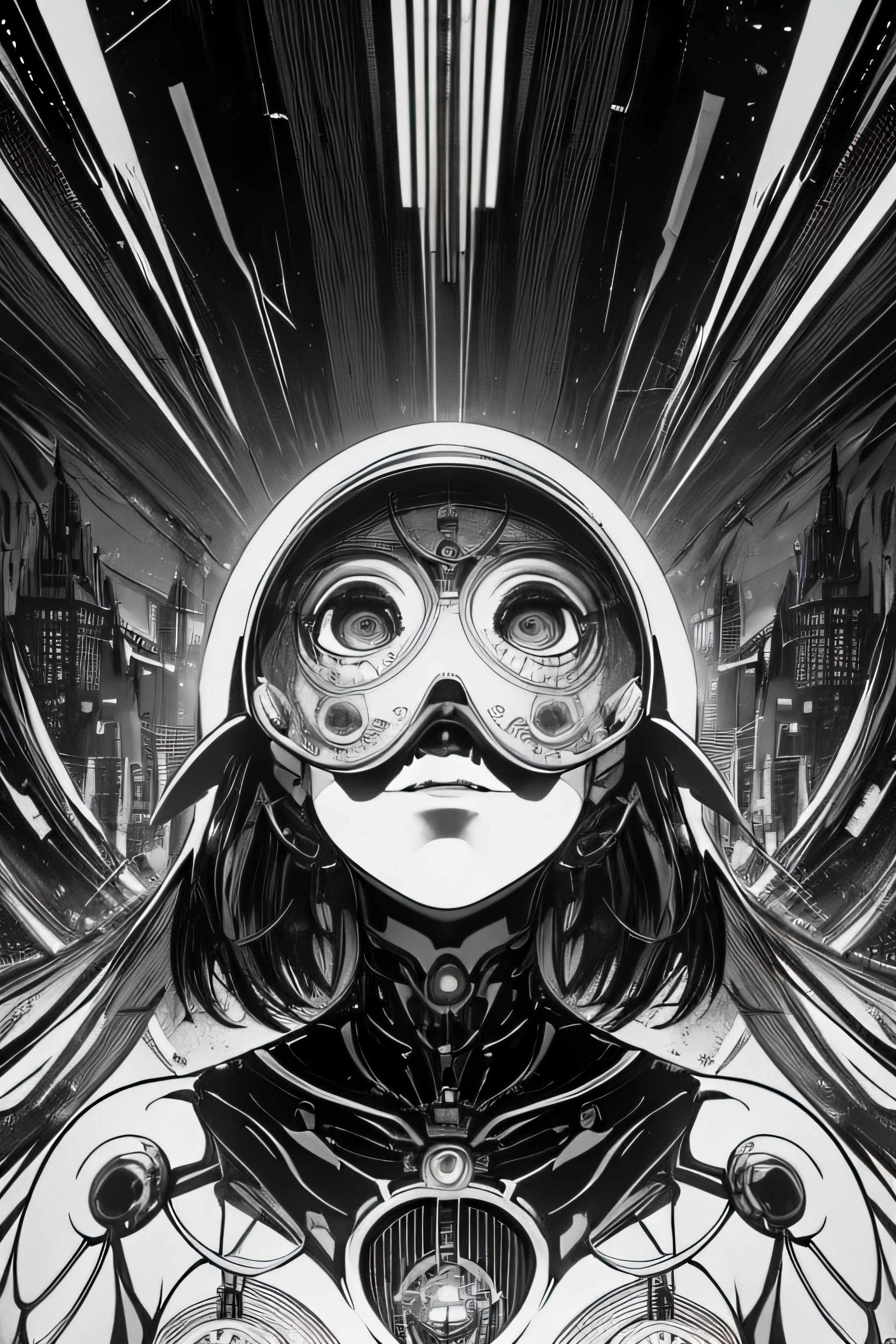 (Masterpiece, Best Quality), 8k Wallpaper, highly detailed, poster, Metropolis, Maria Robot, science fiction,  German expressionist science-fiction silent film directed by Fritz Lang ,sexy, horror thriller cinematic movie poster, Bauhaus, shapes, lines, abstract, propaganda, movie poster, vintage, double exposure.