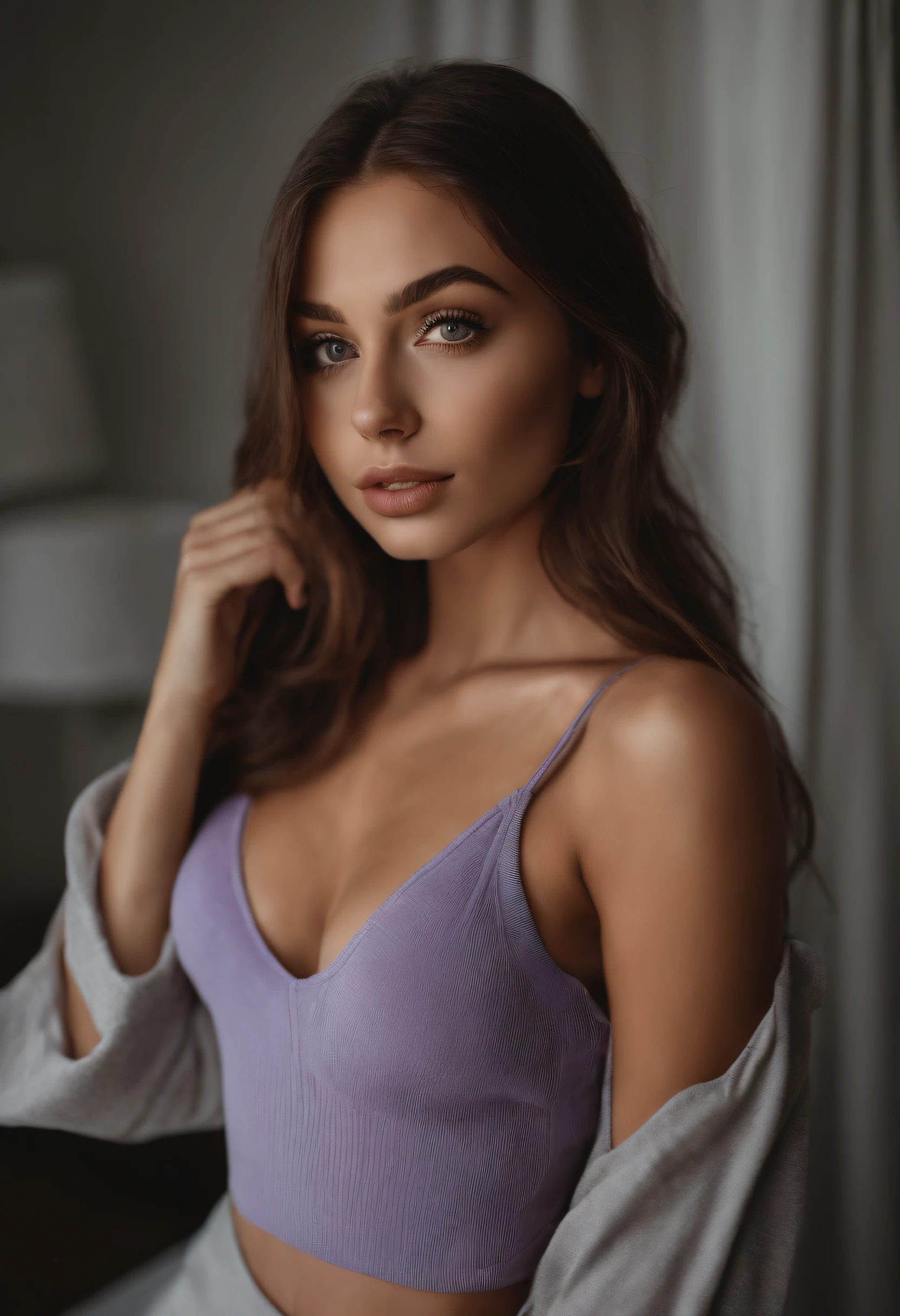 arafed woman with black clothes, sexy girl with brown eyes, portrait sophie mudd, brown hair and large eyes, selfie of a young woman, bedroom eyes, violet myers, without makeup, natural makeup, looking directly at the camera, face with artgram, subtle makeup, stunning full body shot, in bedroom, cleavage