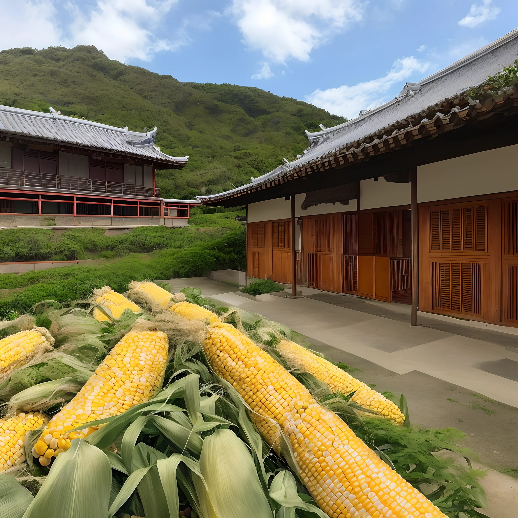 Flat wind,Bright colors,Corn basking outside the Hui-style building,peanuts,There are terraces