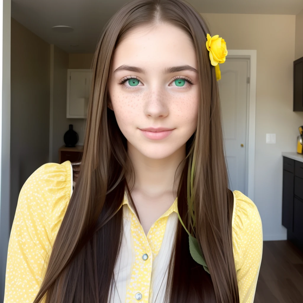Straight long brown hair girl, pale skin, freckles, green eyes, and yellow outfit
