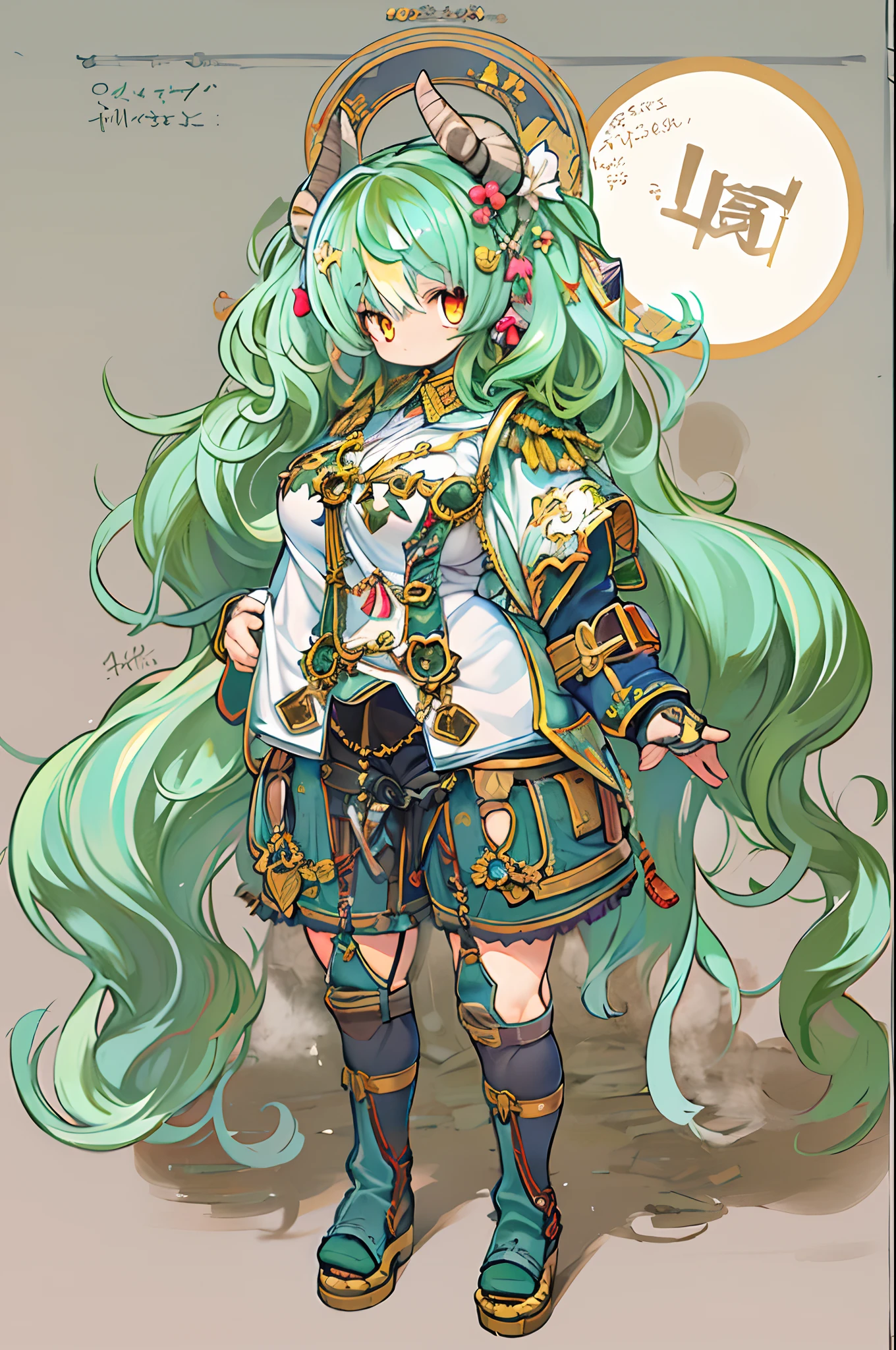 ((Live 2D))  masutepiece, 1girl in, Full body, standing straight, Steampunk clothes, military outfits, Looking at Viewer, Detailed face, Girl with green wavy hair, Bangs, Metal sheep horns, Gradient Hair, multicolored hair, light green hair, Turquoise Hair Tips, Wavy Hair, Gradient Eyes, Orange Eyes, (Simple background, White background: 1.3)