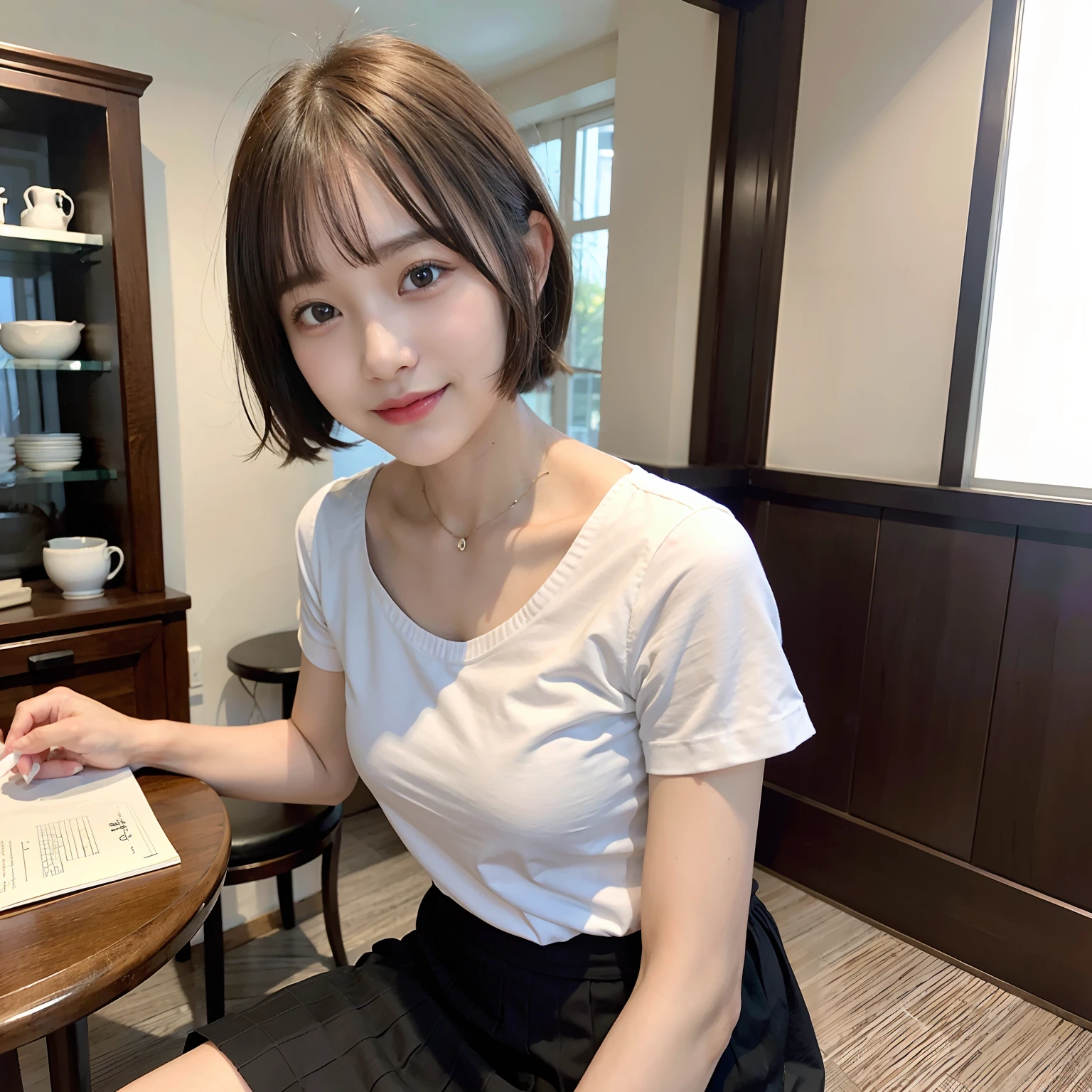 (8K、RAW photography、top-quality、tmasterpiece:1.2)、(reallistic、Photorealsitic:1.37)、hyper HD、1 girl in、Awesome and cute、独奏、Beautiful sky、Detailed Cafe、natta、Sitting、Date、(Nasal redness)、(A smile:1.1)、(Closed)、mideum breasts、beautidful eyes、(Shirt with collar:1.1)、neck bowtie、pleatedskirt、(short-hair:1.2)、Floating hair、((pantyshot))