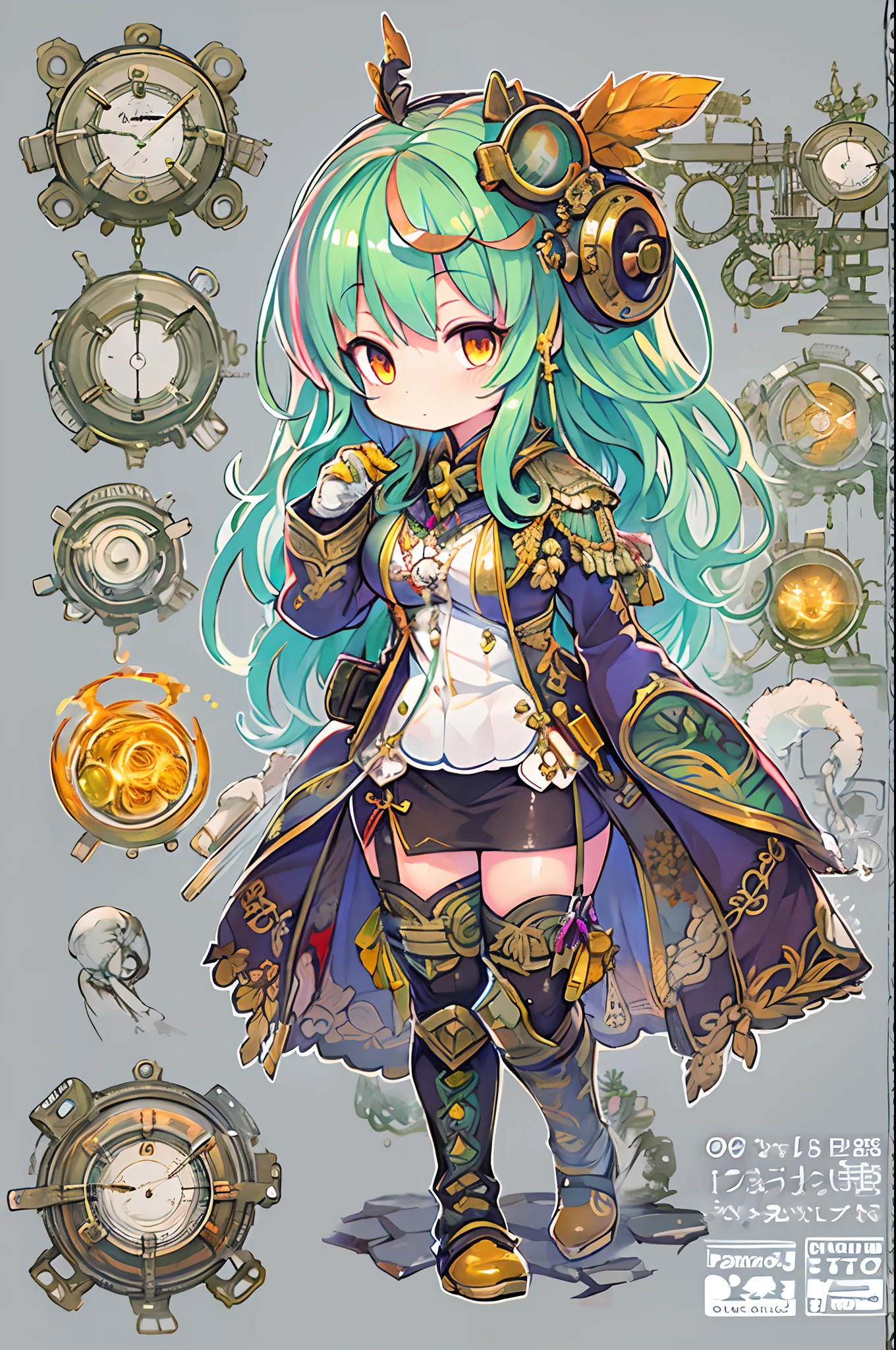 ((Live 2D)) masutepiece, 1girl in, Full body, standing straight, Steampunk clothes, military outfits, Looking at Viewer, Detailed face, Girl with green wavy hair, Bangs, Metal sheep horns, Gradient Hair, multicolored hair, light green hair, Turquoise Hair Tips, Wavy Hair, Gradient Eyes, Orange Eyes, (Simple background, White background: 1.3)
