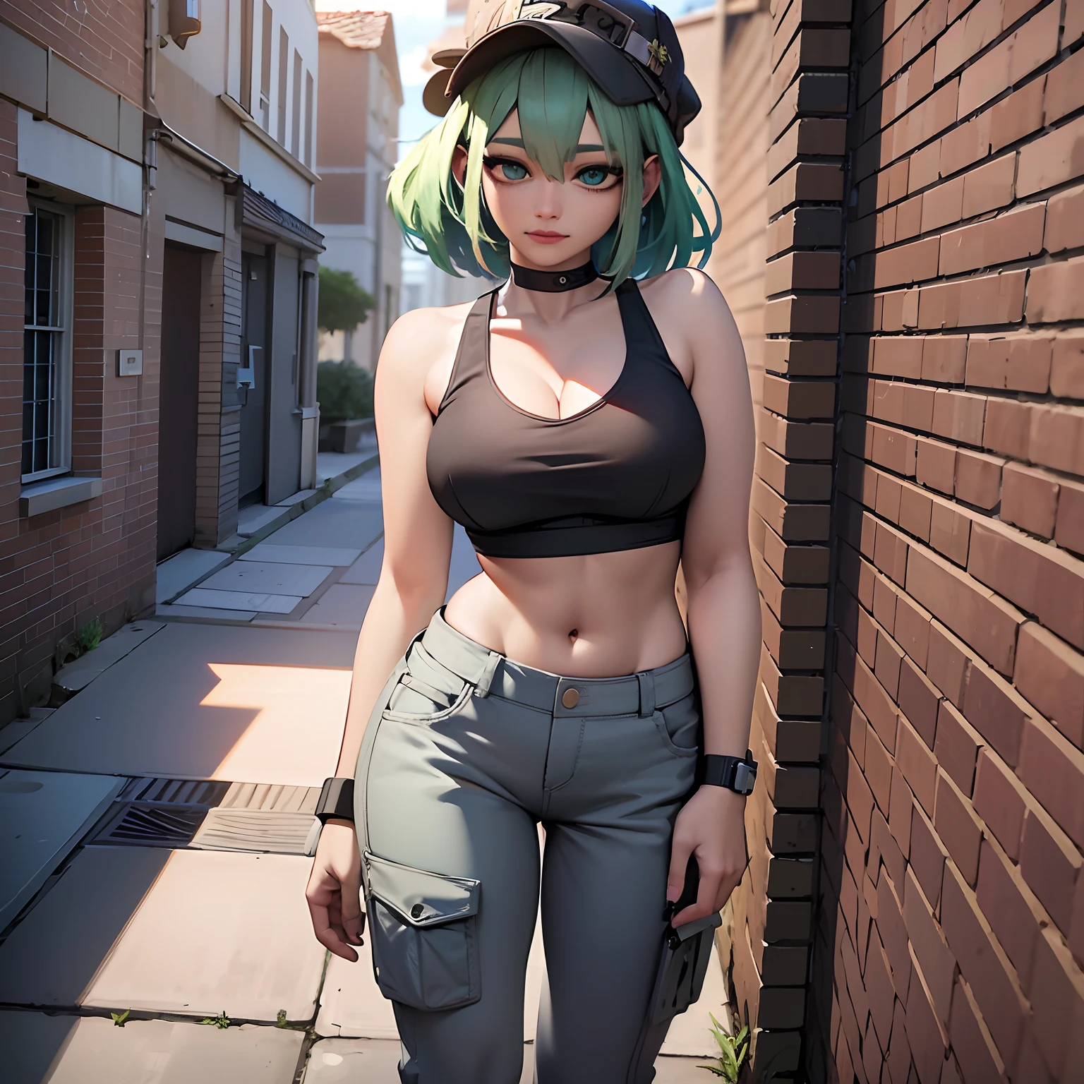 There's a woman with light green hair, sarnas no rosto, And a hat next to a brick wall, Estilo anime 3D realista, estilo anime. 8k, anime estilo 3d, Pose casual, forest city streets behind her, standing in an alleyway, arte de anime realista, Arte no estilo de Guweiz, estilo anime 4K, estilo anime moderno, fanart urbana