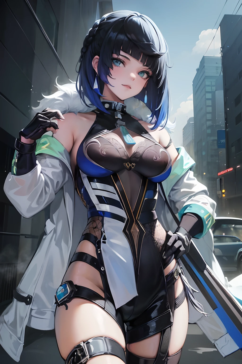 Retrato detallado cyberpunk (SKS Mujer) (20-year-old SKS woman), futuristic neon reflective wear, Science-Fiction, Piezas de robot, Ismail Inceoglu Dragan Bibin Hans Thoma Greg Rutkowski Alexandros Pyromallis Nekro Rene Margitte Illustrated, Cara perfecta,  ((tatuaje)), (Cabello largo),, Piel mate, Poros, Arrugas, hiperdetallado, Hiperrealista,, moody lighting, Ganador del Premio Hasselblad, Soft Diffuse Lighting,  sonrisa afectada,, machine face, Detalles finos, Sombreado realista, intrincado, elegante,