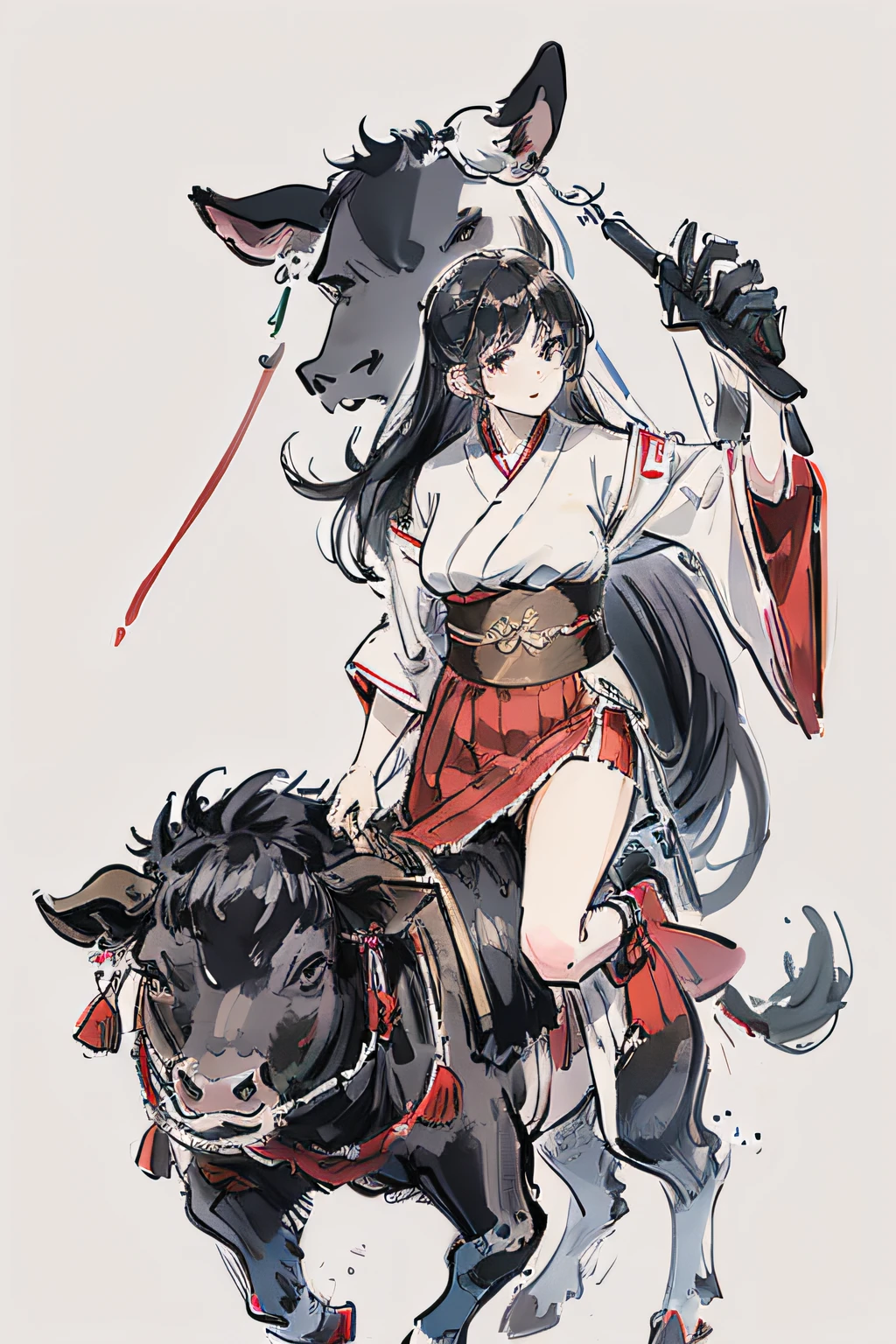 Black cow、Carrying a priestess girl in a red skirt in a white kimono、simple background