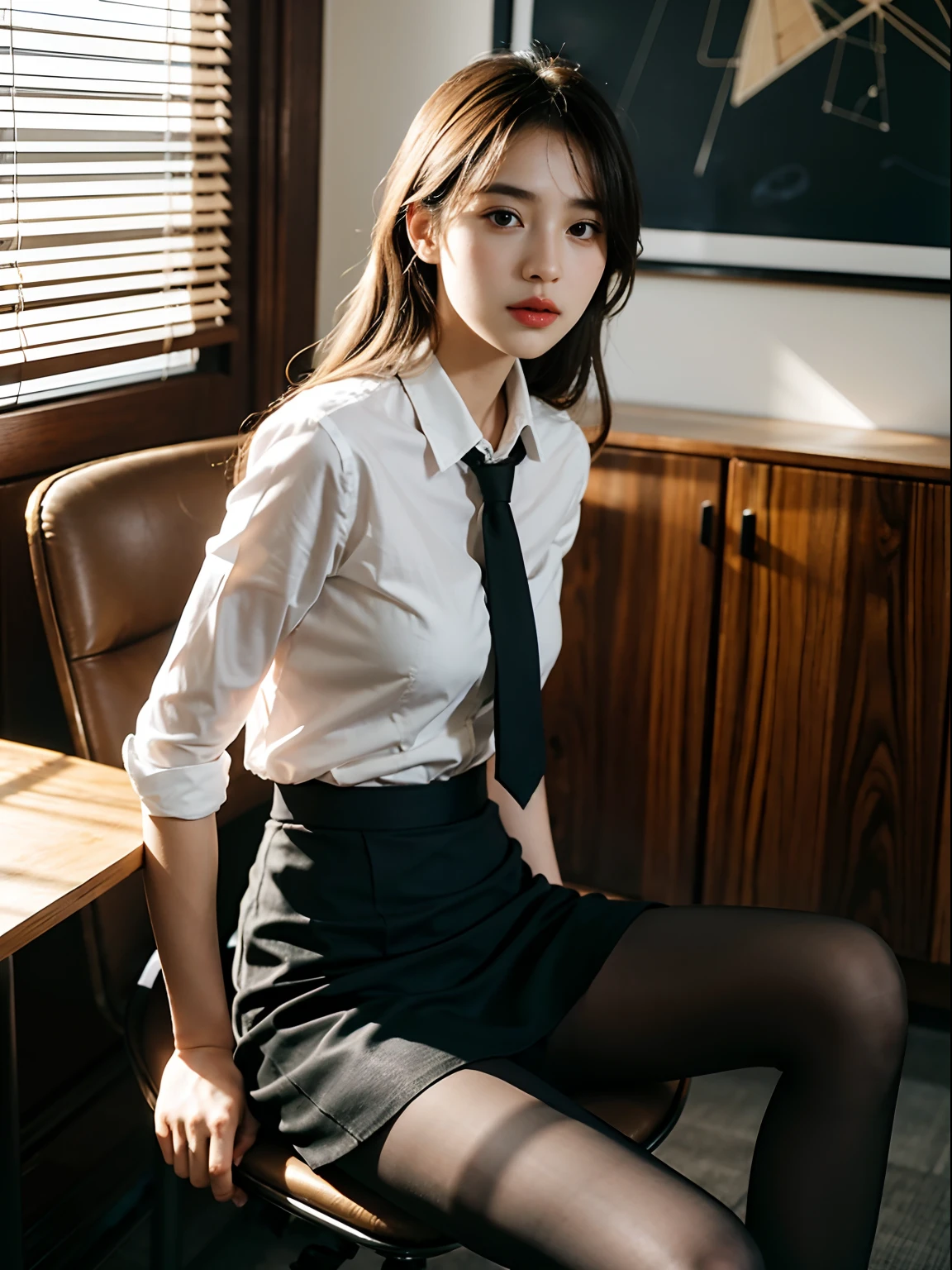 1girl,young girl, shiny skin,medium breasts,nice leg line:1.3, thin waist,school uniform, thighhighs,necktie,((pencil skirt)),looking at viewer,from below,( pantyhose:1.3),(The golden ratio figure),(Office, sit in a chair:1.3),Close range
masterpiece, best quality, best perspective, ultra-detailed and intricate, extremely delicate and beautiful, best quality light, (ray tracing:1.1), anti-aliasing,
realistic,photorealistic,award-winning illustration,(intricate details:1.2),(delicate detailed) (intricate details),(cinematic light,best quality Backlights),clear line,sharp focus,official art,unity 8k wallpaper,absurdres,incredibly absurdres,huge filesize,ultra-detailed,highres,extremely detailed extremely delicate and beautiful,RAW photo, professional lighting,dynamic lighting,light on the face,depthoffield,solofocus,