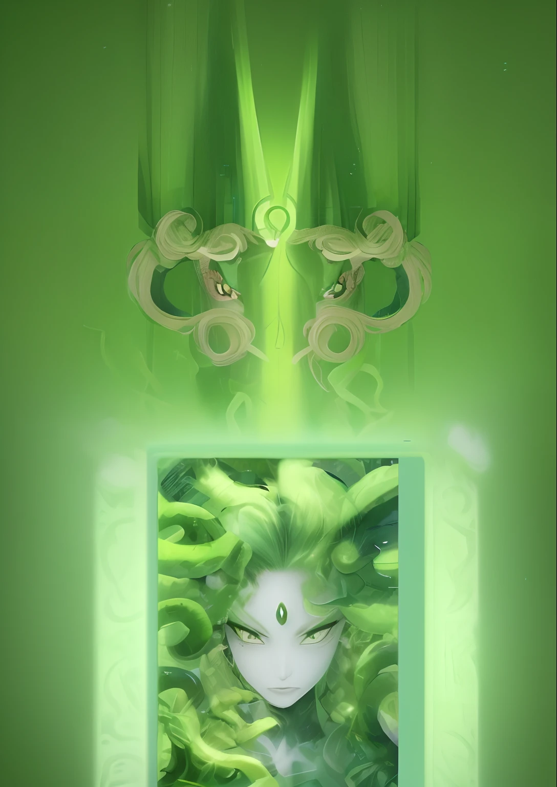There is a picture of a woman with half green hair and half blonde hair, very sad medusa, lucio as a woman, fierce medusa, Album art, Background(Solid), Medusa, curly blond hair | D & D, female lucio, male medusa, amazing splashscreen artwork, phone background, a blonde emerald warrior, green colored theme, pc screen image