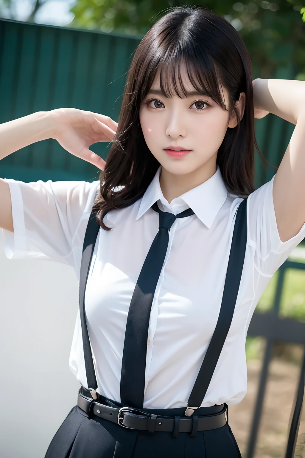 (masutepiece:1.2),High quality,vivd colour,flat-colors,Deep Depth Of Field,Lens Flare,1 girl,Black hair,eyecontact,Suit,Collared shirt,Belt bag,suspenders,Professional,Office Lady,Mature Women,Black Suit,Black jacket,Gaze,ample bosom,Armpit sweat,Exposing the armpits"Pichi Pichi clothes　Sheer cutter shirt　large full breasts