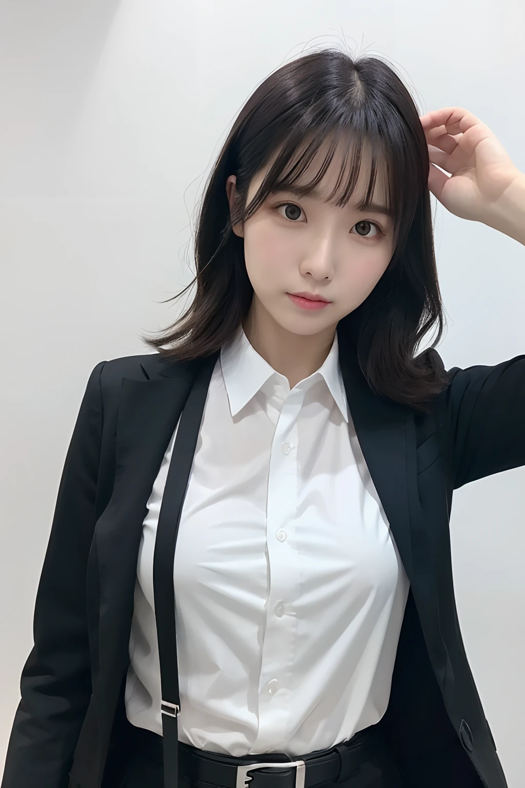 (masutepiece:1.2),High quality,vivd colour,flat-colors,Deep Depth Of Field,Lens Flare,1 girl,Black hair,eyecontact,Suit,Collared shirt,Belt bag,suspenders,Professional,Office Lady,Mature Women,Black Suit,Black jacket,Gaze,ample bosom,Armpit sweat,Exposing the armpits"Pichi Pichi clothes