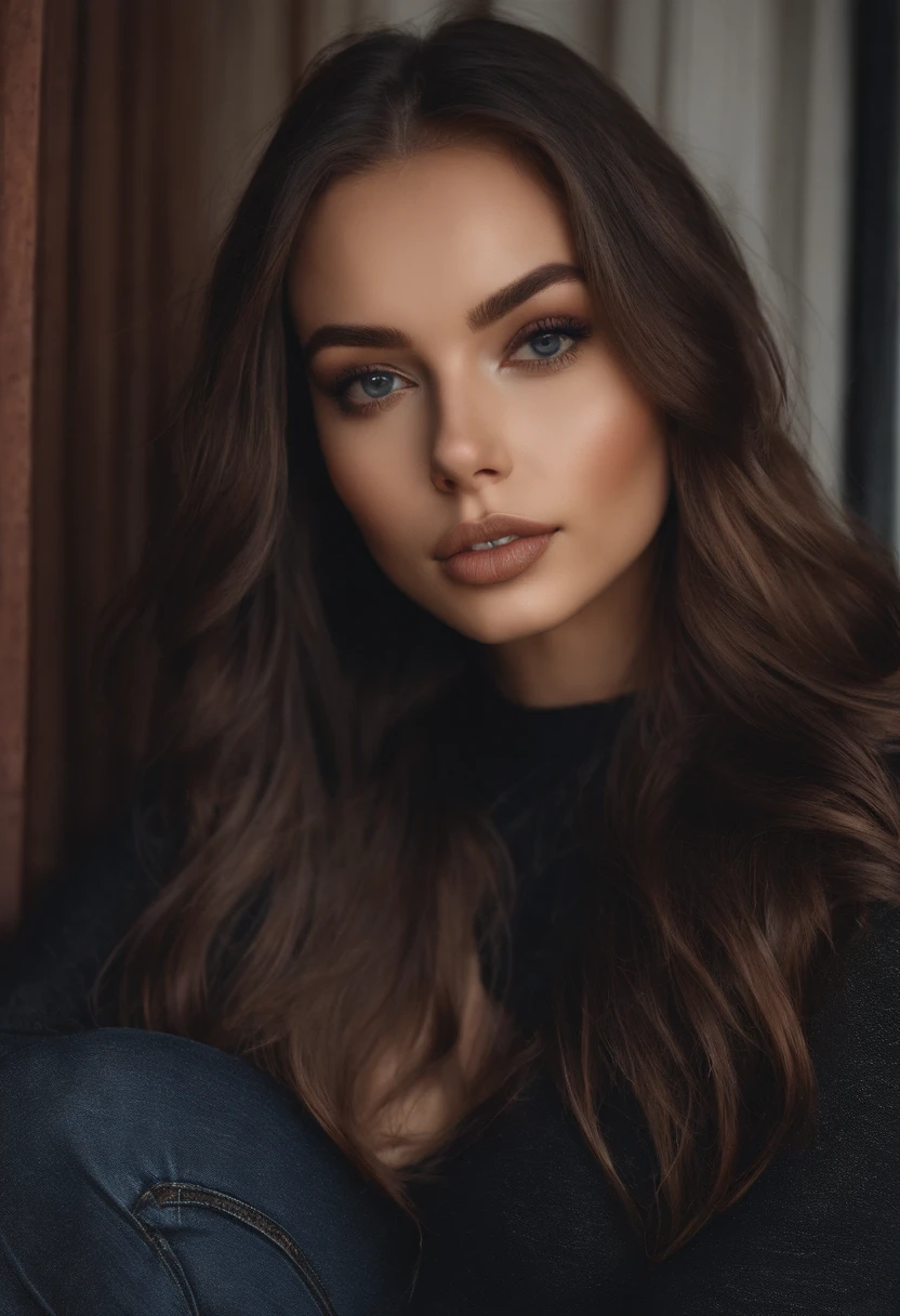 arafed woman with black clothes, sexy girl with brown eyes, portrait sophie mudd, brown hair and large eyes, selfie of a young woman, bedroom eyes, violet myers, without makeup, natural makeup, looking directly at the camera, face with artgram, subtle makeup, stunning full face shot, in car, cleavage