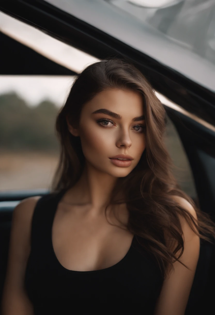 arafed woman with black clothes, sexy girl with brown eyes, portrait sophie mudd, brown hair and large eyes, selfie of a young woman, bedroom eyes, violet myers, without makeup, natural makeup, looking directly at the camera, face with artgram, subtle makeup, stunning full face shot, in car, cleavage