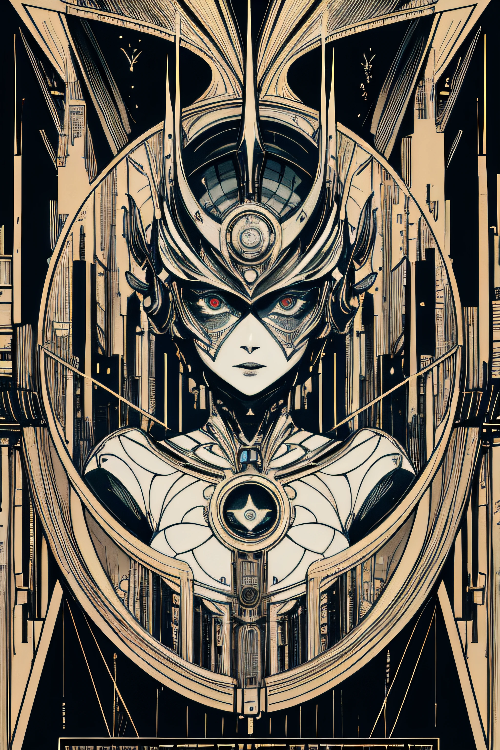 (Masterpiece, Best Quality), 8k Wallpaper, highly detailed, poster, Metropolis, Maria Robot, science fiction, German expressionist science-fiction silent film directed by Fritz Lang ,sexy, horror thriller cinematic movie poster, Bauhaus, shapes, lines, abstract, propaganda, movie poster, vintage, double exposure.