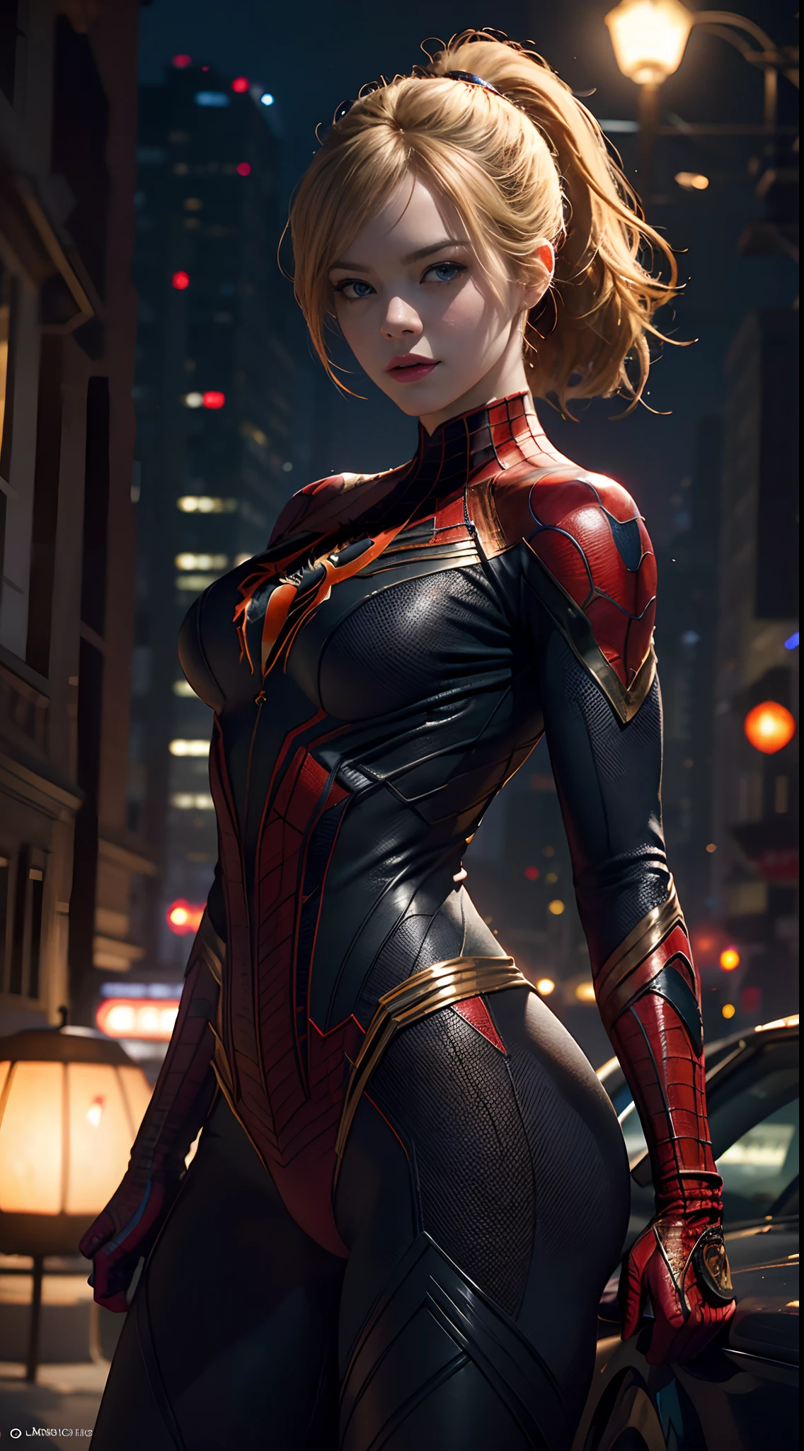 1girl, Emma Stone as spiderman (from marvel studios), combat pose, look at viewer, (masterpiece, best quality, detailed skin texture, detailed cloth texture, beautiful detailed face, intricate details, ultra detailed),  Ponytail, blonde hair, (random angles), (Best quality, A high resolution, Photorealistic, primitive, 8K,Masterpiece, ),Best quality, Masterpiec8K.hdr. High ribs:1.2, filmgrain, Blur bokeh:1.2, Lens flare, (vivd colour:1.2), (Delicate),