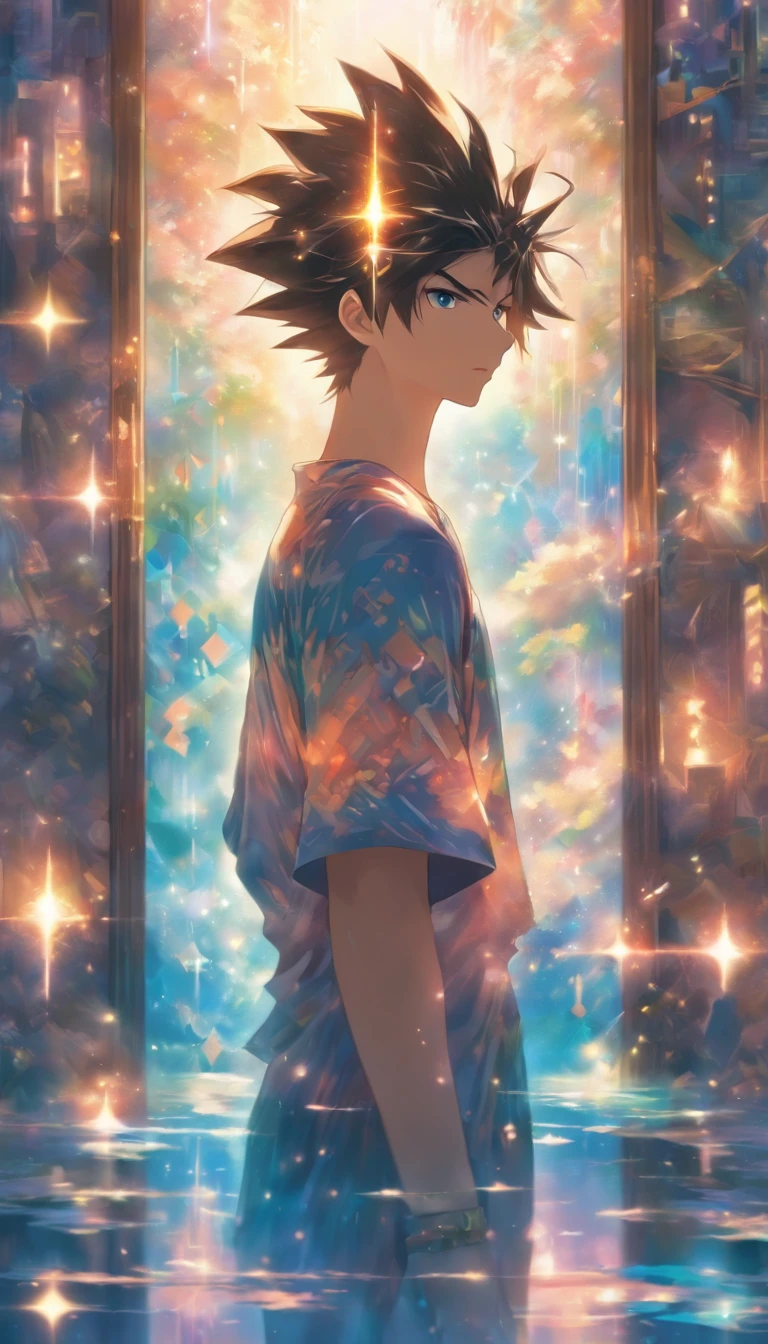 /imagine prompt: A young man standing in front of a mirror, holding a magic wand, with a system interface displaying options for hidden skills. He exudes a mysterious aura, and the surrounding environment looks very ordinary. ,32k, best quality, masterpiece, super detail, high details, by Makoto Shinkai ,in the style of the stars art group xing xing, --niji 5"