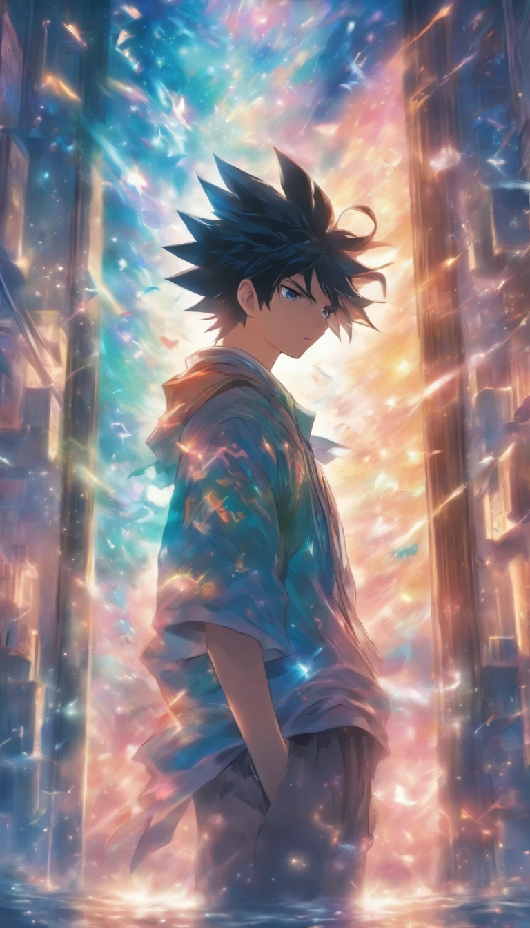 /imagine prompt: A young man standing in front of a mirror, holding a magic wand, with a system interface displaying options for hidden skills. He exudes a mysterious aura, and the surrounding environment looks very ordinary. ,32k, best quality, masterpiece, super detail, high details, by Makoto Shinkai ,in the style of the stars art group xing xing, --niji 5"