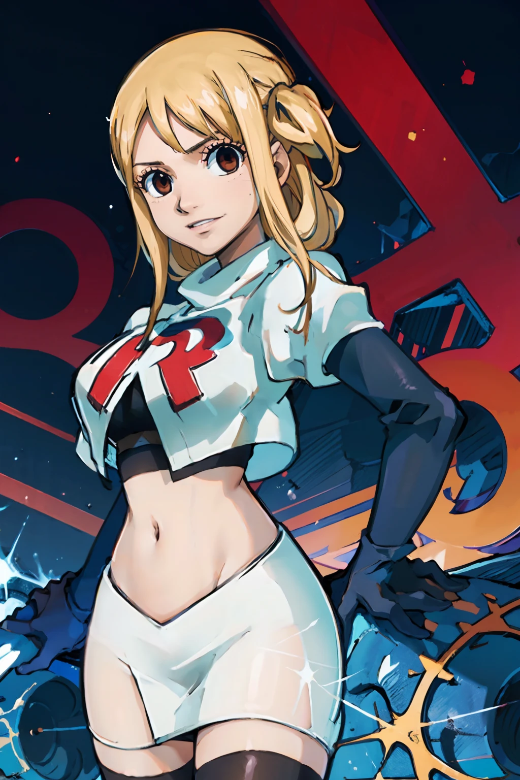 face of Lucy Heartfilia (Fairy Tail), 1girl,team rocket,team rocket uniform, red letter R, white skirt,white crop top,black thigh-highs,black elbow gloves, proud smile, long hair, brown eyes