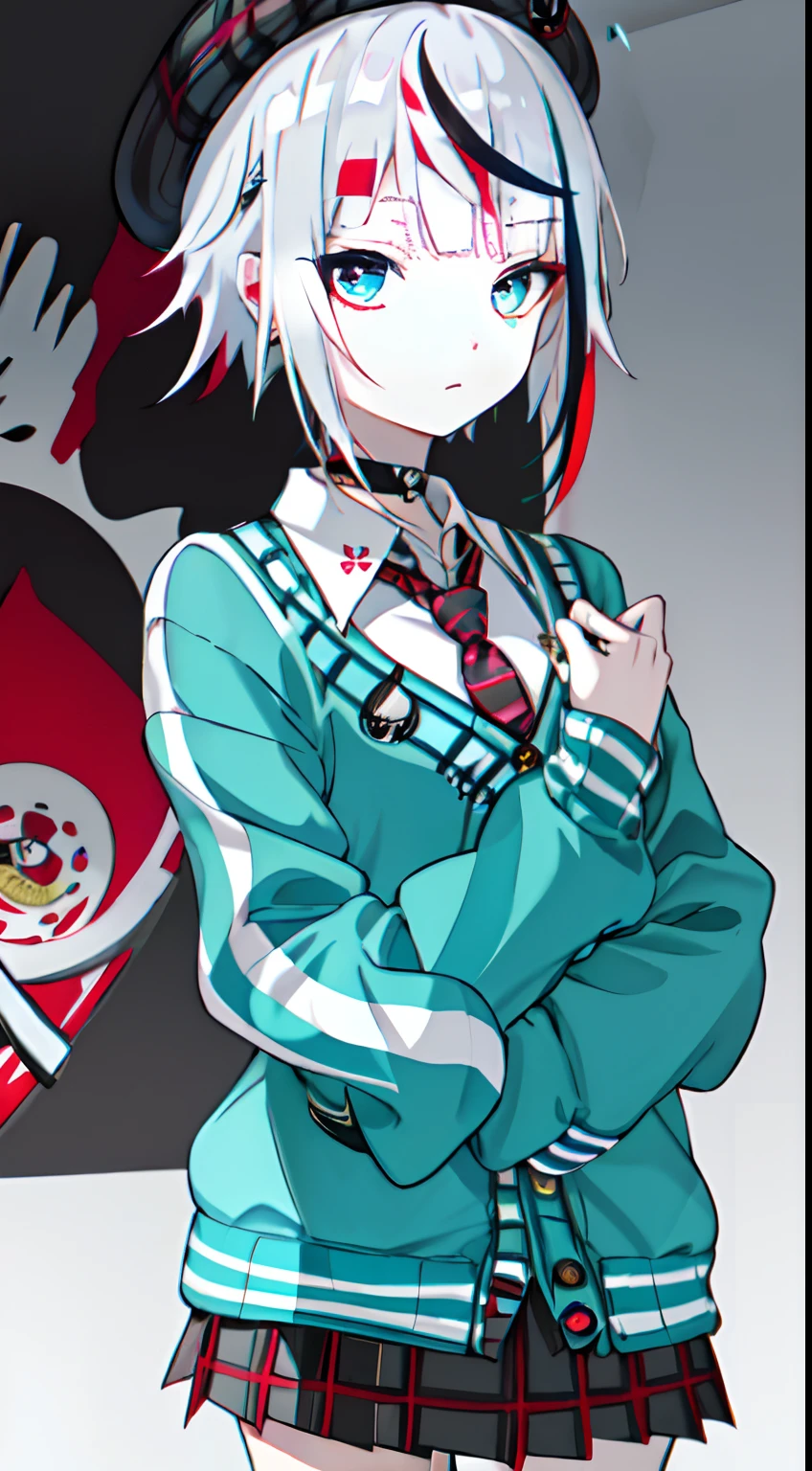 best quality, masterpiece, 1girl, solo, red gradient streaked hair, short hair, white hair, lily (wacca), black beret, plaid skirt, choker, cyan sweater jacket, collared shirt, black plaid necktie, sleeves past fingers, blunt bangs