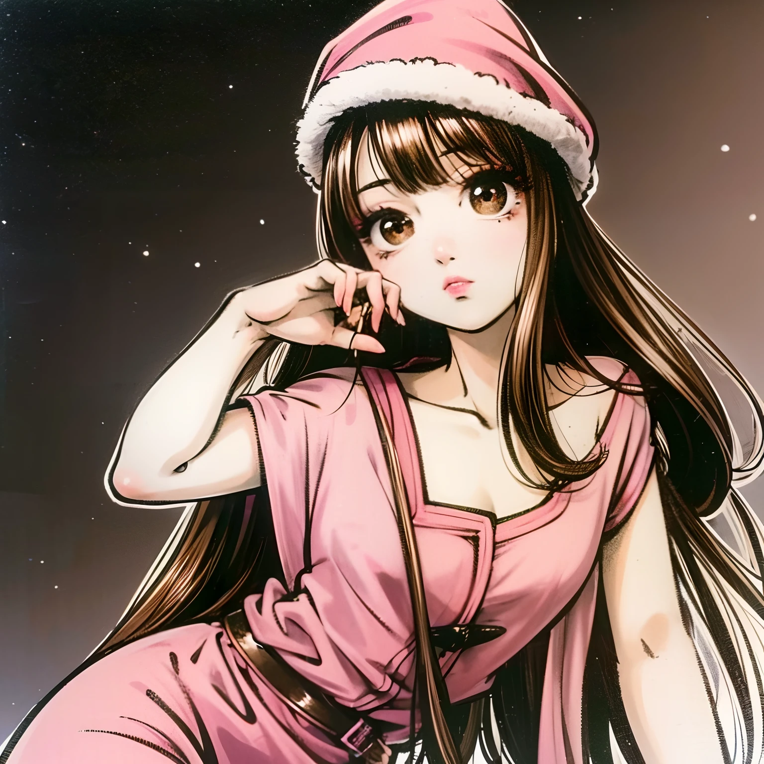 masutepiece, Highest Quality, 1girl in, Solo,Watching from a distance、the pose、The upper part of the body, Brown hair, Brown eyes, Long hair, hair tubes, White background 、Pink Santa Costume、Pink Santa Hat、piercings