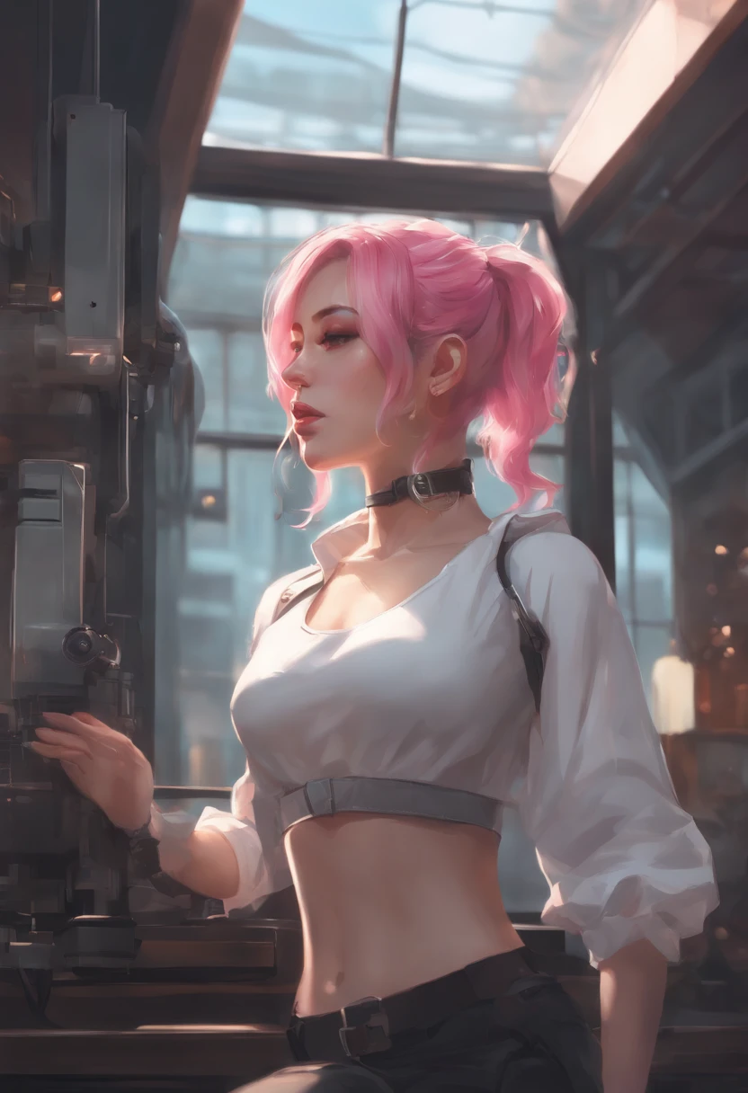 anime girl with pink hair and a white top standing in front of a window, (sfw) safe for work, oppai cyberpunk, waifu, anime waifu, digital cyberpunk anime!!, biomechanical oppai, digital cyberpunk - anime art, modern cyberpunk anime, digital cyberpunk anime art, artwork in the style of guweiz, epic anime style, e-girl