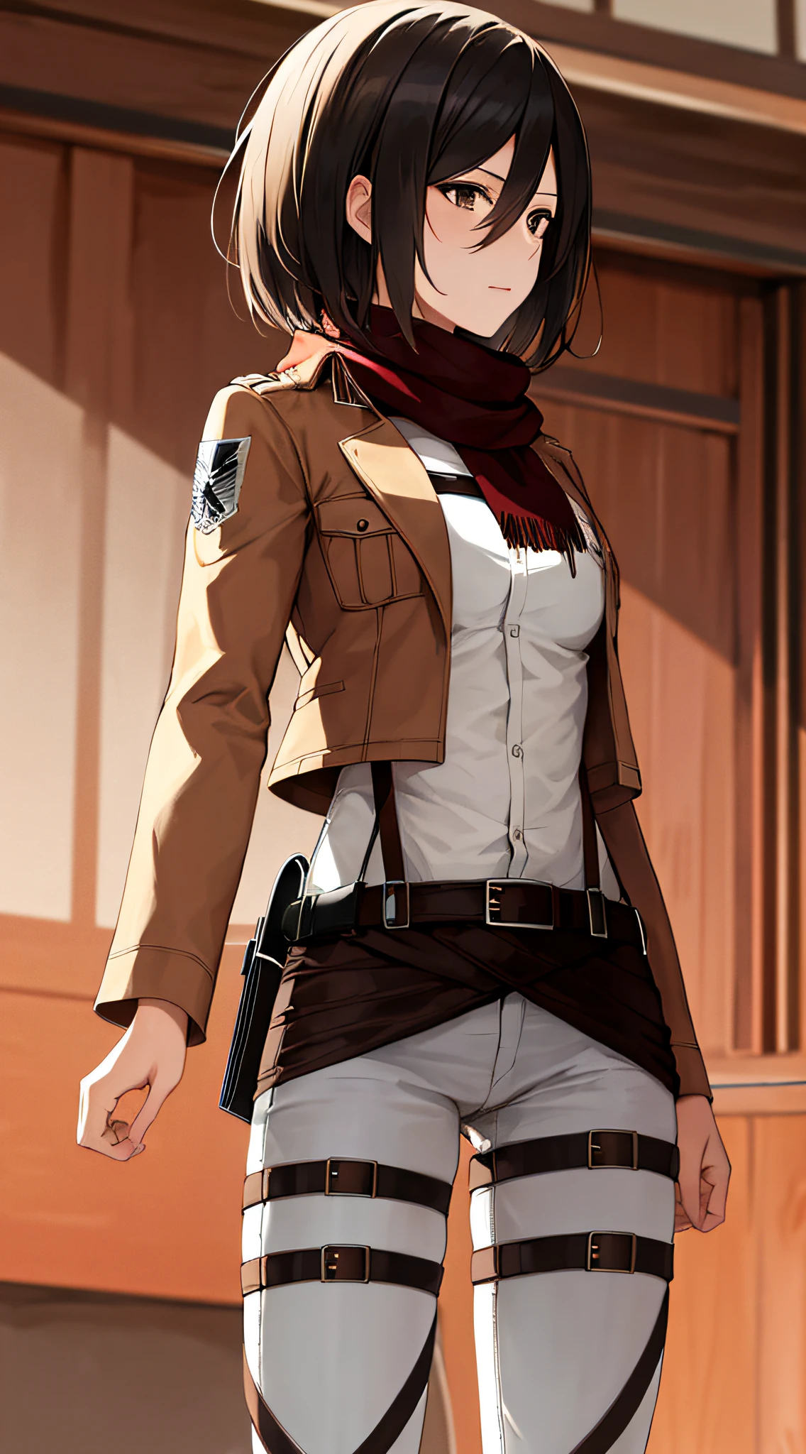 masterpiece, best quality, highres, hmmikasa, short hair, black eyes, scarf, emblem, belt, thigh strap, red scarf, white pants, brown jacket, long sleeves, cowboy shot, standing