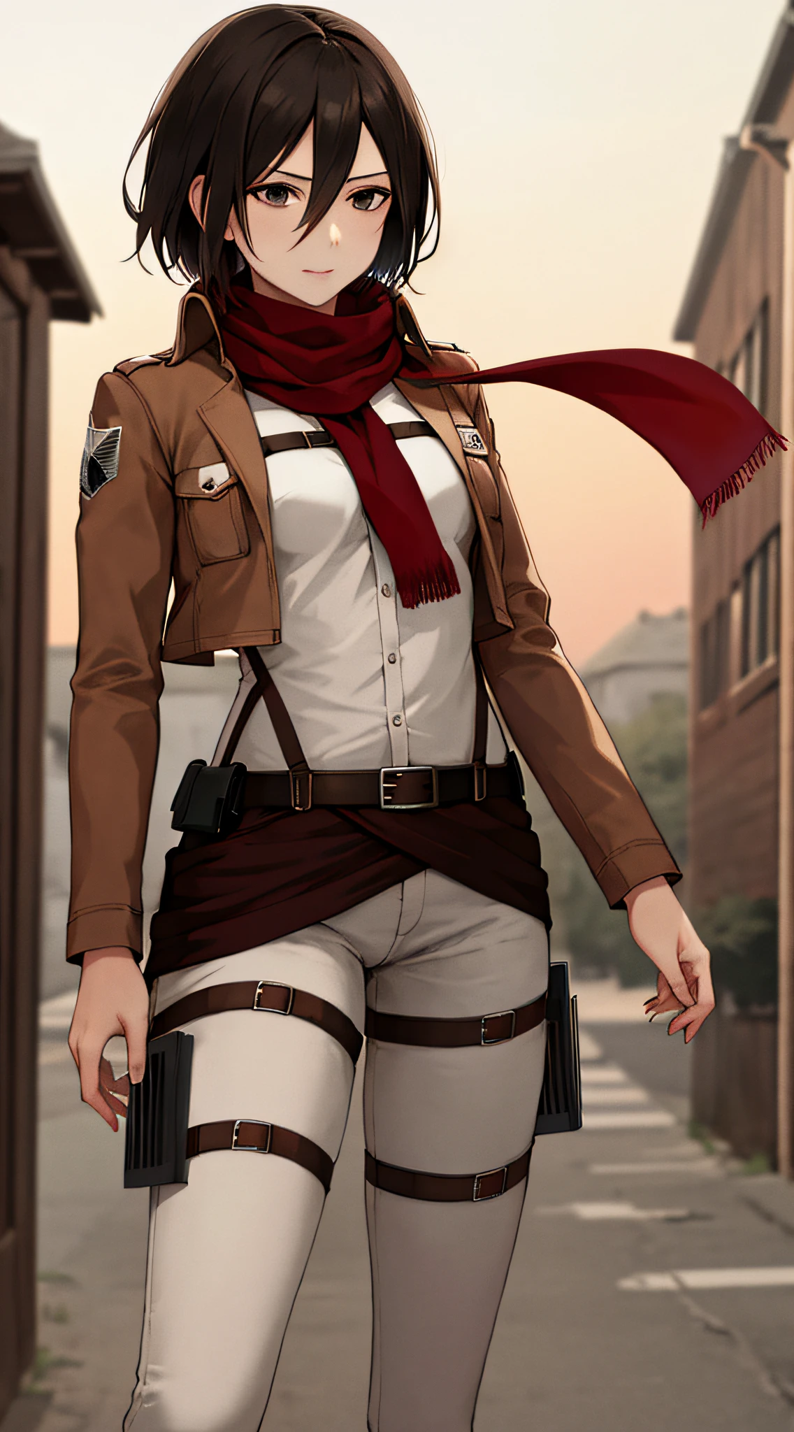 masterpiece, best quality, highres, hmmikasa, short hair, black eyes, scarf, emblem, belt, thigh strap, red scarf, white pants, brown jacket, long sleeves, cowboy shot, standing