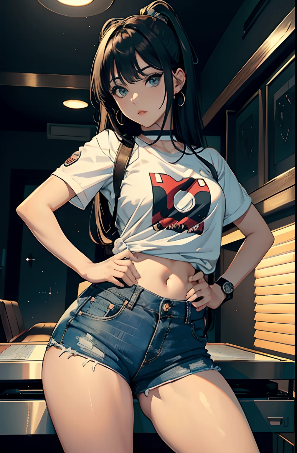 (Hinata Hyuga, muito sensual, com roupas apertadas, bunda grande, pernas grossas, Wearing extremely tight jeans, usando uma mini blusa, umbigo com pirsing, cabelo grande, Speaker behind, muito realista, extremamente sexy, 8k, 8k extremamente detalhado), (um extremamente delicado e bonito), (obra-prima), (melhor qualidade: 1.0), (ultra highres:1.0)