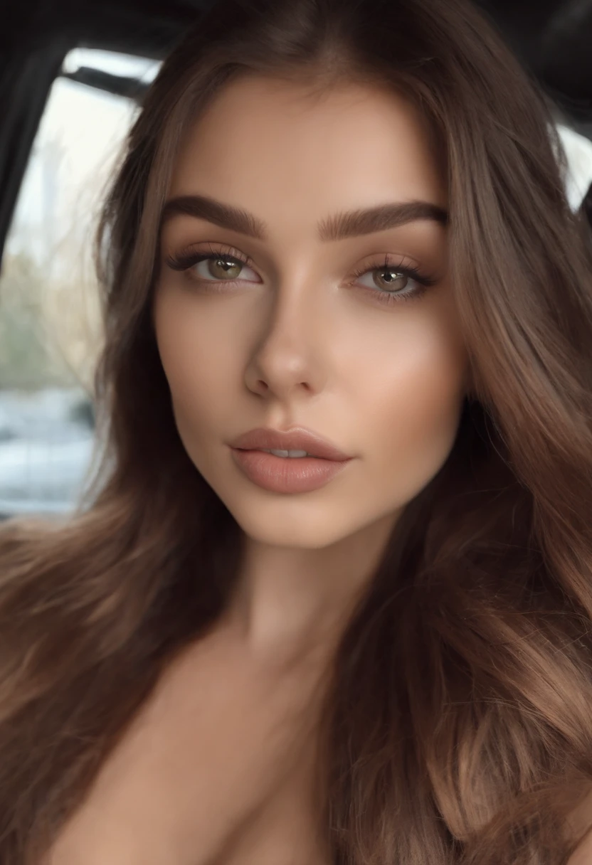 arafed woman with black clothes, sexy girl with brown eyes, portrait sophie mudd, brown hair and large eyes, selfie of a young woman, bedroom eyes, violet myers, without makeup, natural makeup, looking directly at the camera, face with artgram, subtle makeup, stunning full face shot, in car, cleavage, ultra realistic