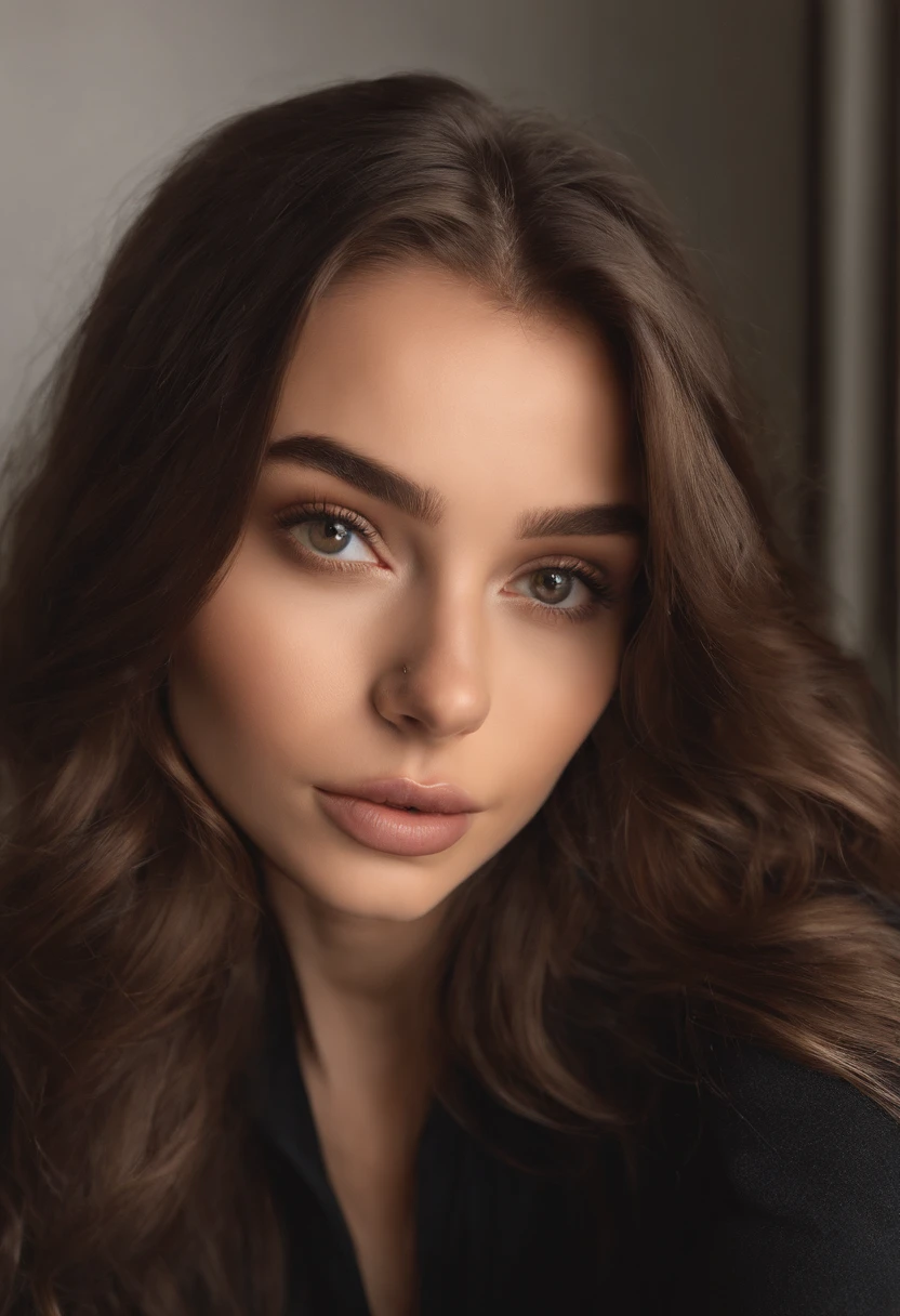 arafed woman with black clothes, sexy girl with brown eyes, portrait sophie mudd, brown hair and large eyes, selfie of a young woman, bedroom eyes, violet myers, without makeup, natural makeup, looking directly at the camera, face with artgram, subtle makeup, stunning full face shot, in car, cleavage, ultra realistic