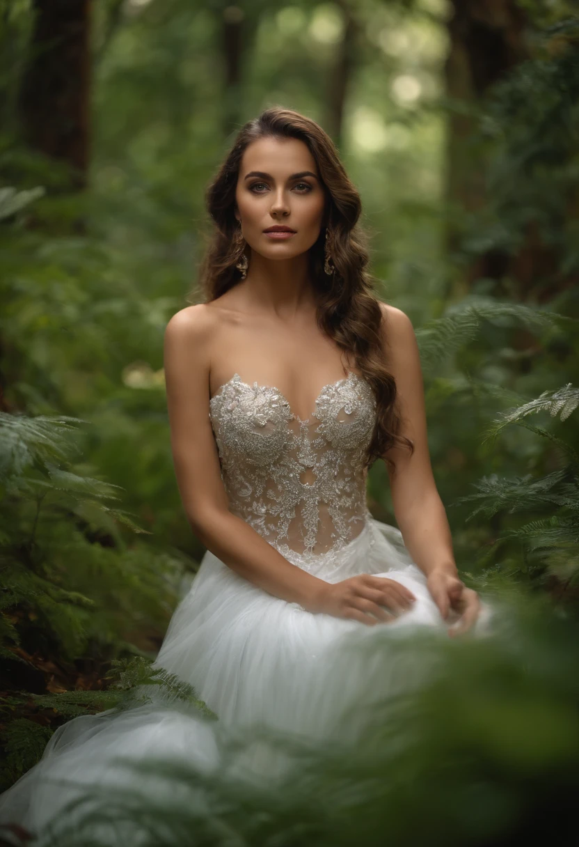 arafed woman in a wedding dress sitting in a stream, beautiful maiden, ethereal beauty, flowing gown, very beautiful elven top model, closeup portrait shot, fantasy photoshoot, in a whimsical fairytale forest, flowing white dress, flowing dress, beautiful fantasy maiden, closeup fantasy with water magic, wearing a white flowing dress, in style of wlop, closeup shot