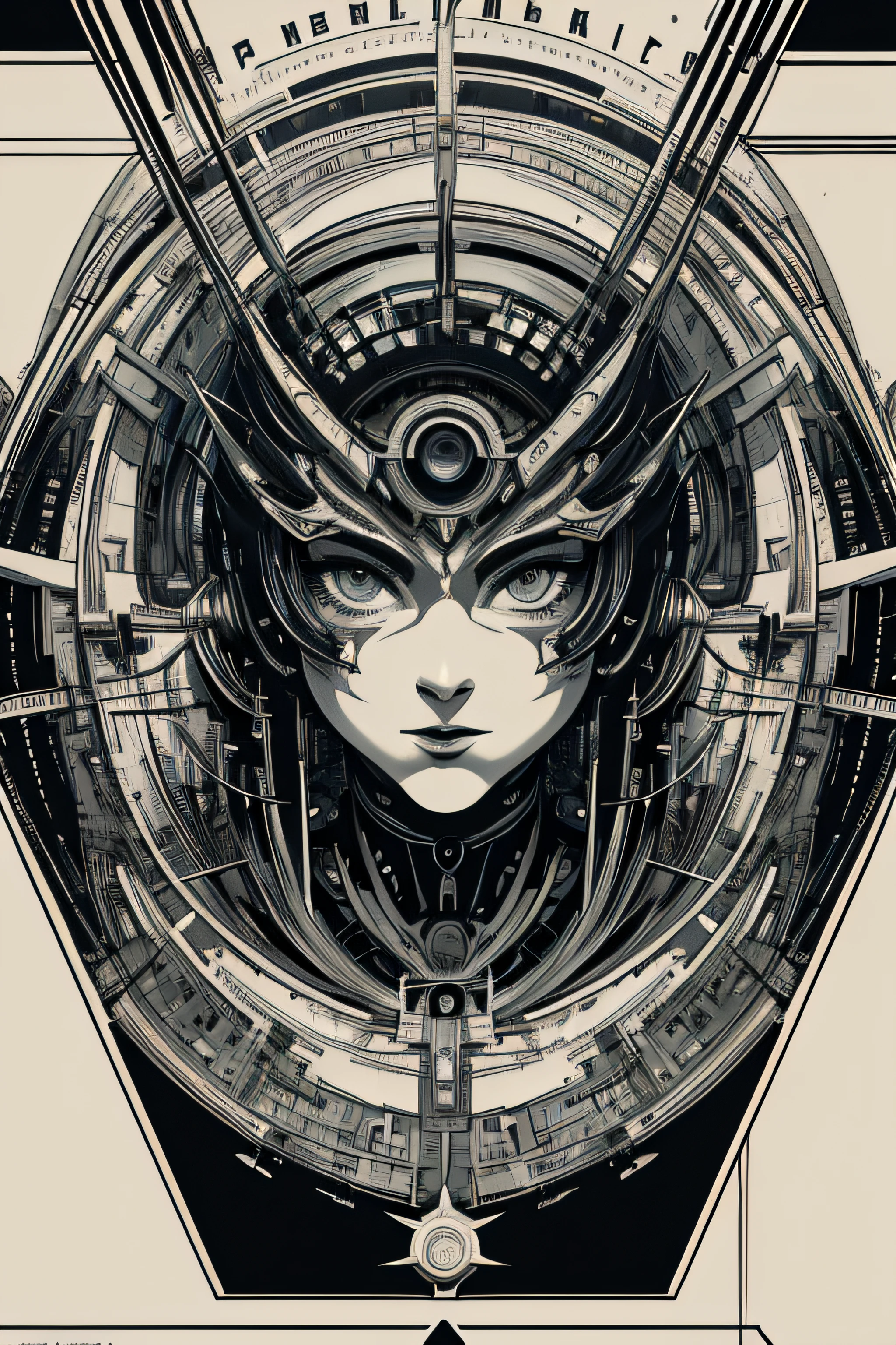 (Masterpiece, Best Quality), 8k Wallpaper, highly detailed, poster, Metropolis, Maria Robot, science fiction,  German expressionist science-fiction silent film directed by Fritz Lang ,sexy, horror thriller cinematic movie poster, Bauhaus, shapes, lines, abstract, propaganda, movie poster, vintage, double exposure.