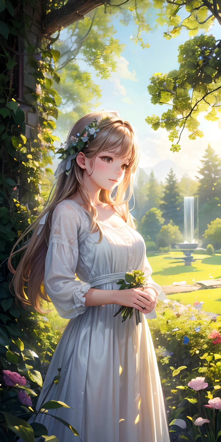 Garden girl,(Best Quality,4K,8K,hight resolution,masutepiece:1.2),Ultra-detailed,(Realistic,Photorealistic,Photorealsitic:1.37),Oil Painting,Beautiful flowers,Bright sunlight,Soft breeze,Vivid colors,serene ambiance,Elegant dress,Peaceful gaze,Warm shadows,Colorful birds,Whispering leaves,Fresh green lawn,Delicate butterflies,Romantic environment,Subtle textures,Pleasant aroma,natural beauty,Quiet background,The harmony of nature and the girl,Eyes shining with joy、Looking at the camera