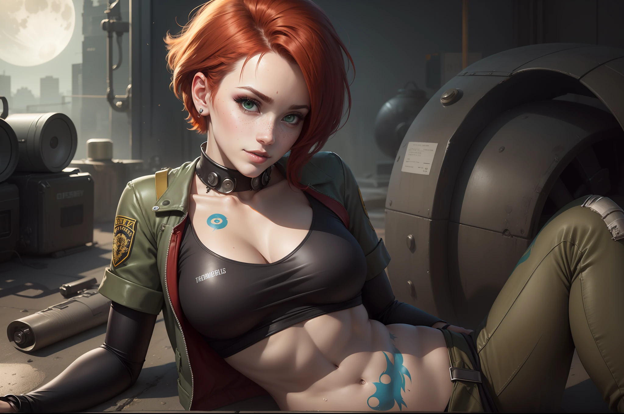 gwen tennyson,tracer,jill valentine, rebecca chambers,overwatch,resident evil,close up,mecha pilot,body paint, haunted mansion,tattoos,blue and gray plugsuit,white short sleeve silk top,steel cargo pants,uncovered belly, short hair,cute makeup,green eyes, red and gold hair,shy smile,freckles, redhead,beautiful girl,large breasts, ultra detailed,realistic,fantasy art, military uniform,steel armor,monster lab,moonlight,police uniform,pilot jacket,ear piercings,hair pin,wet body, solo girl,1girl,