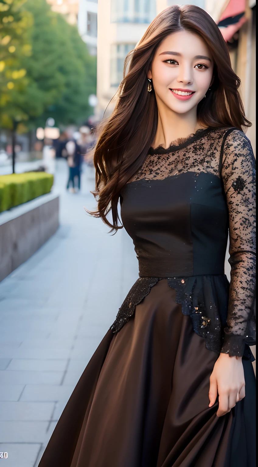 ((Best quality, 8k, Masterpiece :1.3)), 1girl, smiling, full body, slim face, Pretty woman, (Dark brown hair), full length dress :1.1, Ultra-detailed face, Detailed eyes, Double eyelid, blur background, slim face, city, outside, street,