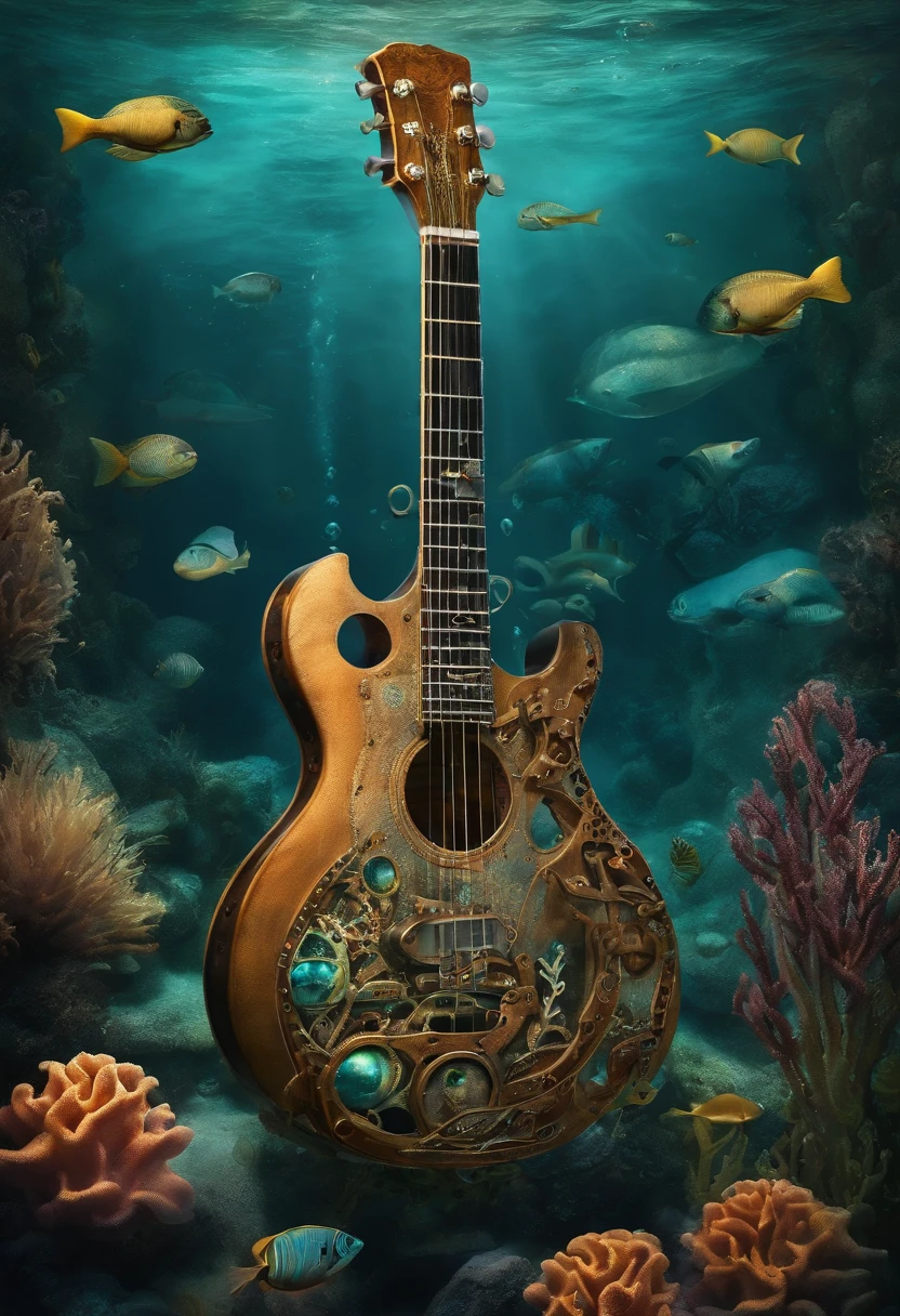 {{A mesmerizing depiction of an electric guitar}} submerged underwater, com bolhas subindo ao seu redor. This is an underwater image inspired by fantasy that shows the beauty of the guitar in an unusual setting. Meio Ambiente/Background should be an underwater world with colorful coral reefs to create a dreamy and surreal atmosphere. A imagem deve ser no estilo de uma pintura digital, incorporating elements of underwater fantasy art. O tiro em close-up, capturado com uma lente macro, will provide an intimate and enchanting insight into the intricate details of the guitar and underwater flora. Lighting should be ethereal, emphasizing the play of light through water and guitar design. The desired level of detail is high with a high resolution, highlighting the supernatural qualities of the guitar. The goal is to create a captivating image that transports viewers to an enchanting underwater realm