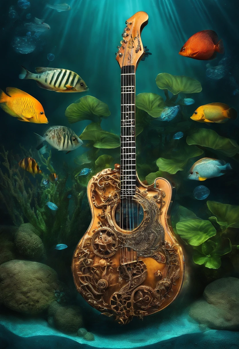 {{A captivating depiction of the electric guitar}} Submerged in water, Bubbles are rising around it. This is、It is an image inspired by an underwater fantasy that showcases the beauty of the guitar in an unusual setting. environment/The background is、To create a dreamy and surreal atmosphere、Must be an underwater world with colorful coral reefs. Images should be in the style of digital painting, Incorporate elements of underwater fantasy art. up close shot, Shot with a macro lens, Provides an intimate and captivating view of the guitar's intricate details and underwater plants. Lighting should be airy, Emphasizing the play of light through the water and the design of the guitar. The required level of detail is、It is higher in high resolution, Emphasizing the otherworldly qualities of the guitar. The goal is、It is about creating captivating images that take the viewer to a captivating underwater area