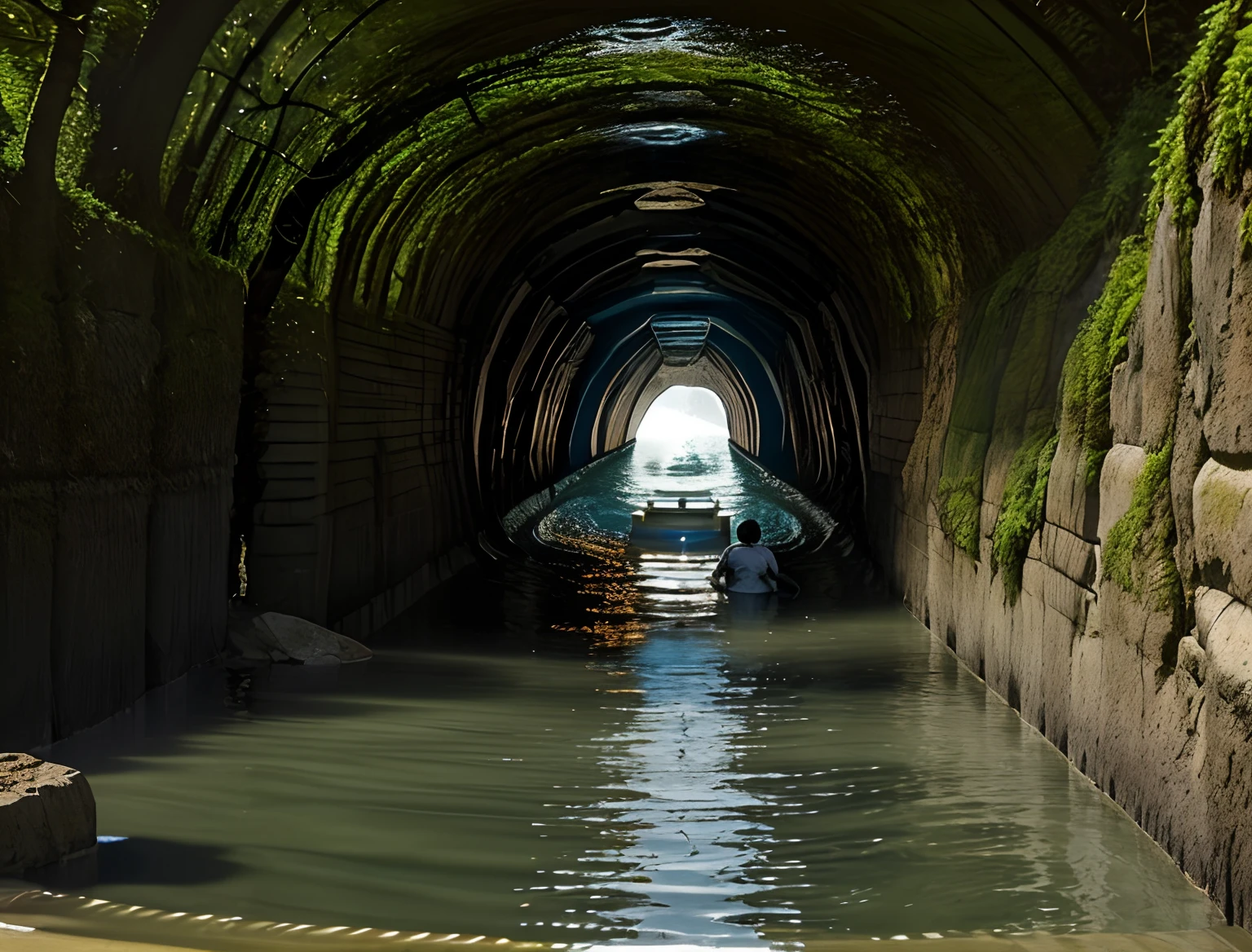 create a deep tunnel with a stream of water going through it and a person crossing it in boat