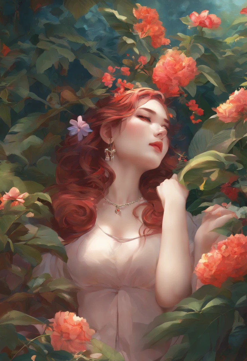 Beautiful slender thin exquisite (nude) girl 16 years old with a perfect face of the southern type with red hair with tender breasts with tender nipples barefoot with bare hips ((with red pubic hairs)) ((in an unbuttoned blue shirt on a naked body)) walks along a brick road in the middle of a flowering field, in a gentle watercolor style, Discreet shades, sfumato, haze, diffused dim light, delicate mint shades, imitation of film photography